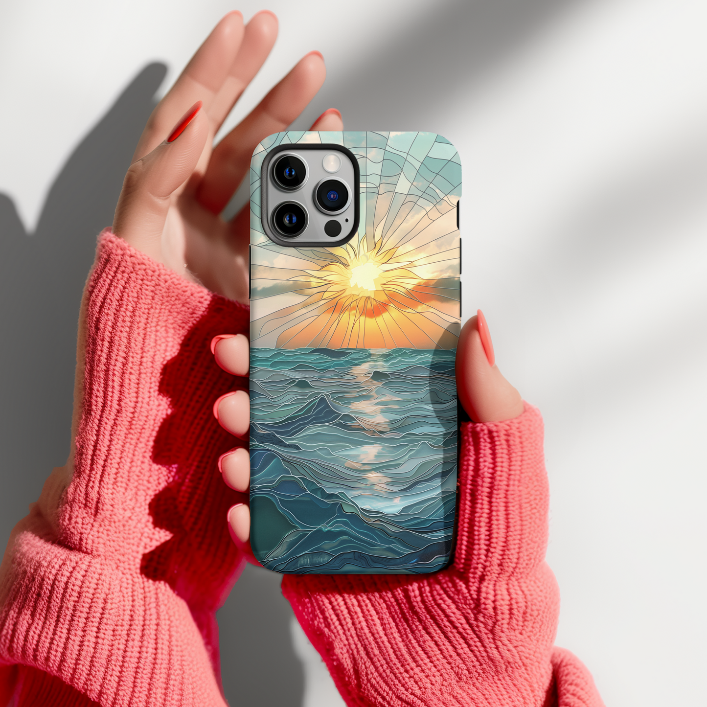 Sun Rays & Waves Stained Glass Phone Case – A Harmony of Light, Color, and Strength