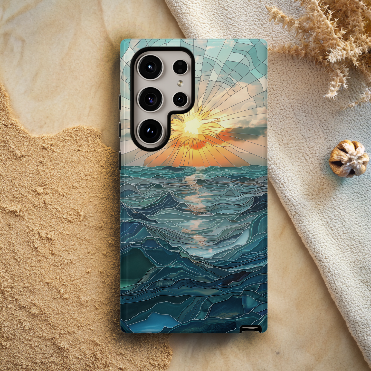 Sun Rays & Waves Stained Glass Phone Case – A Harmony of Light, Color, and Strength