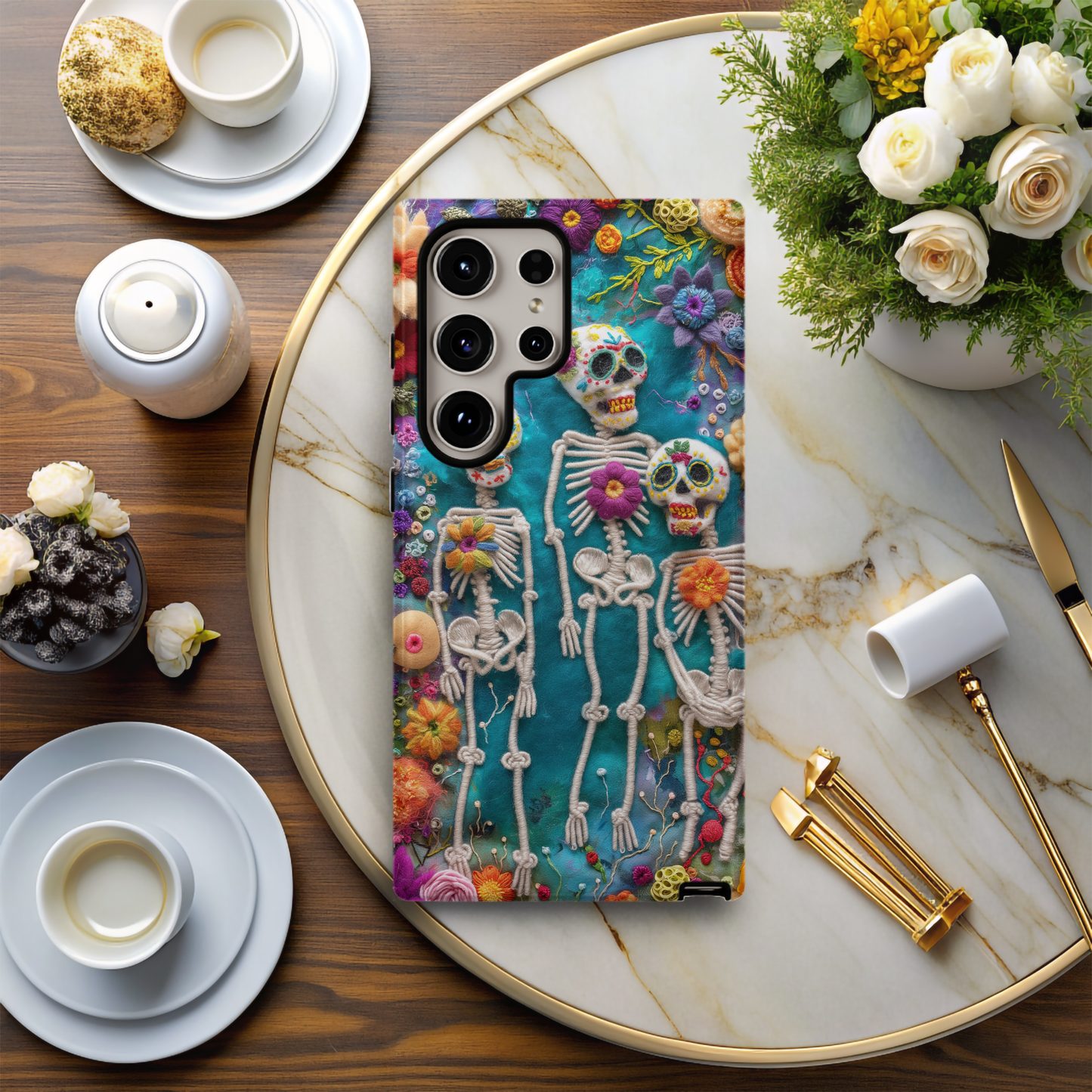 Embroidered Skeleton Floral Phone Case