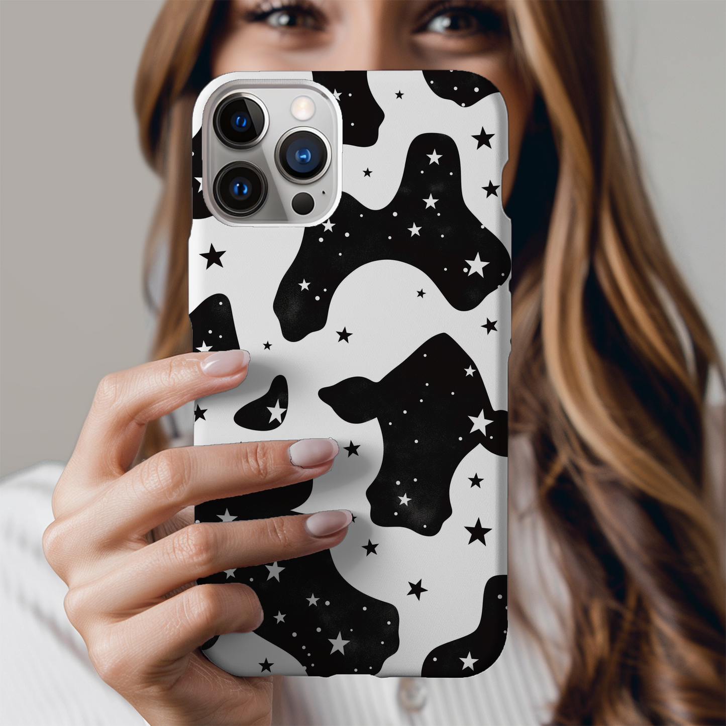 Cow Print & Stars Phone Case – Trendy, Cosmic, and Built for Protection