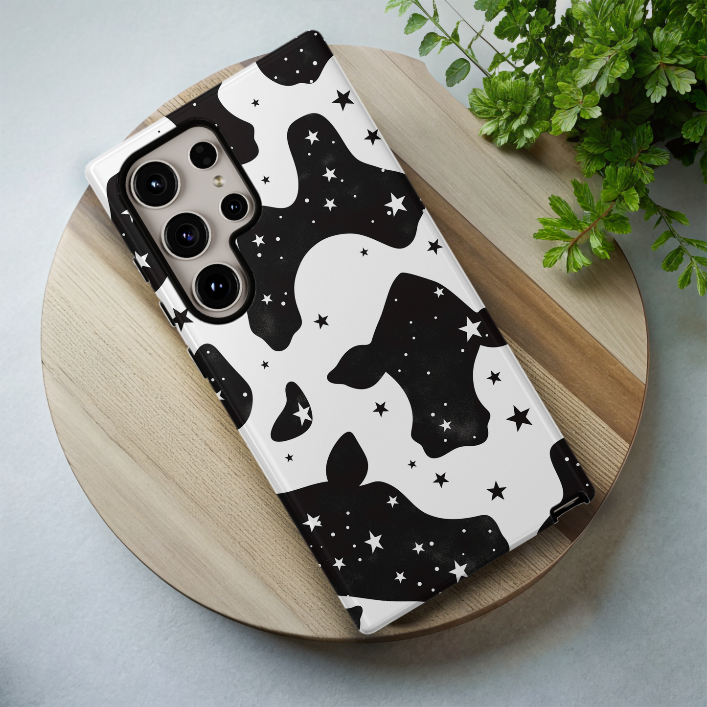 Cow Print & Stars Phone Case – Trendy, Cosmic, and Built for Protection