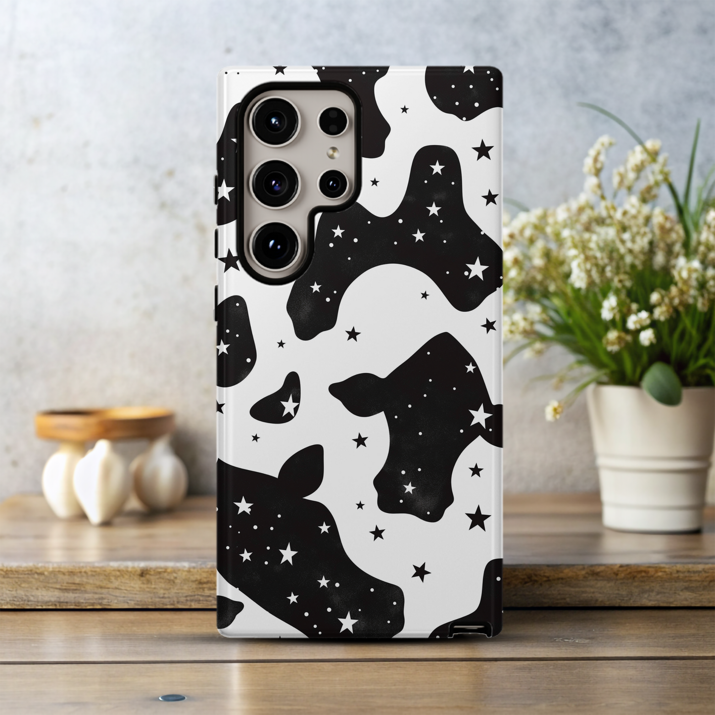 Cow Print & Stars Phone Case – Trendy, Cosmic, and Built for Protection