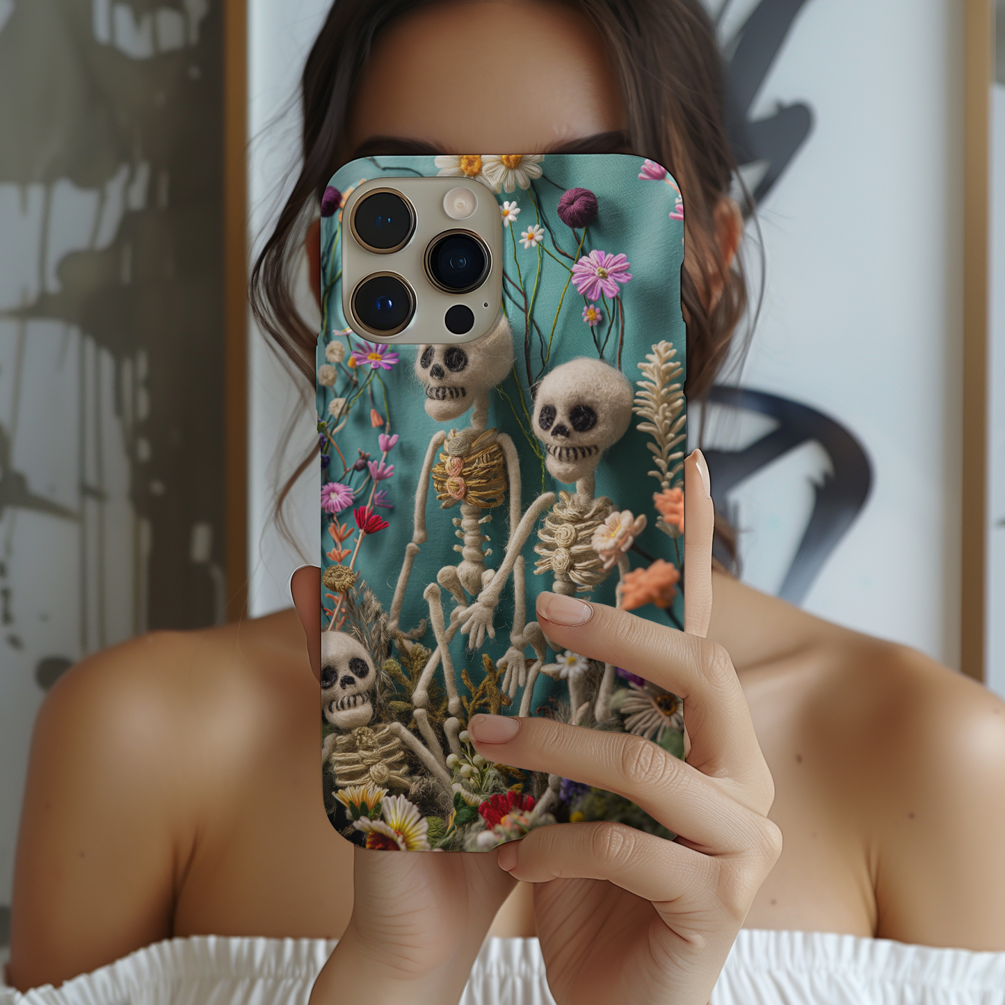 Embroidered Skeleton Floral Phone Case