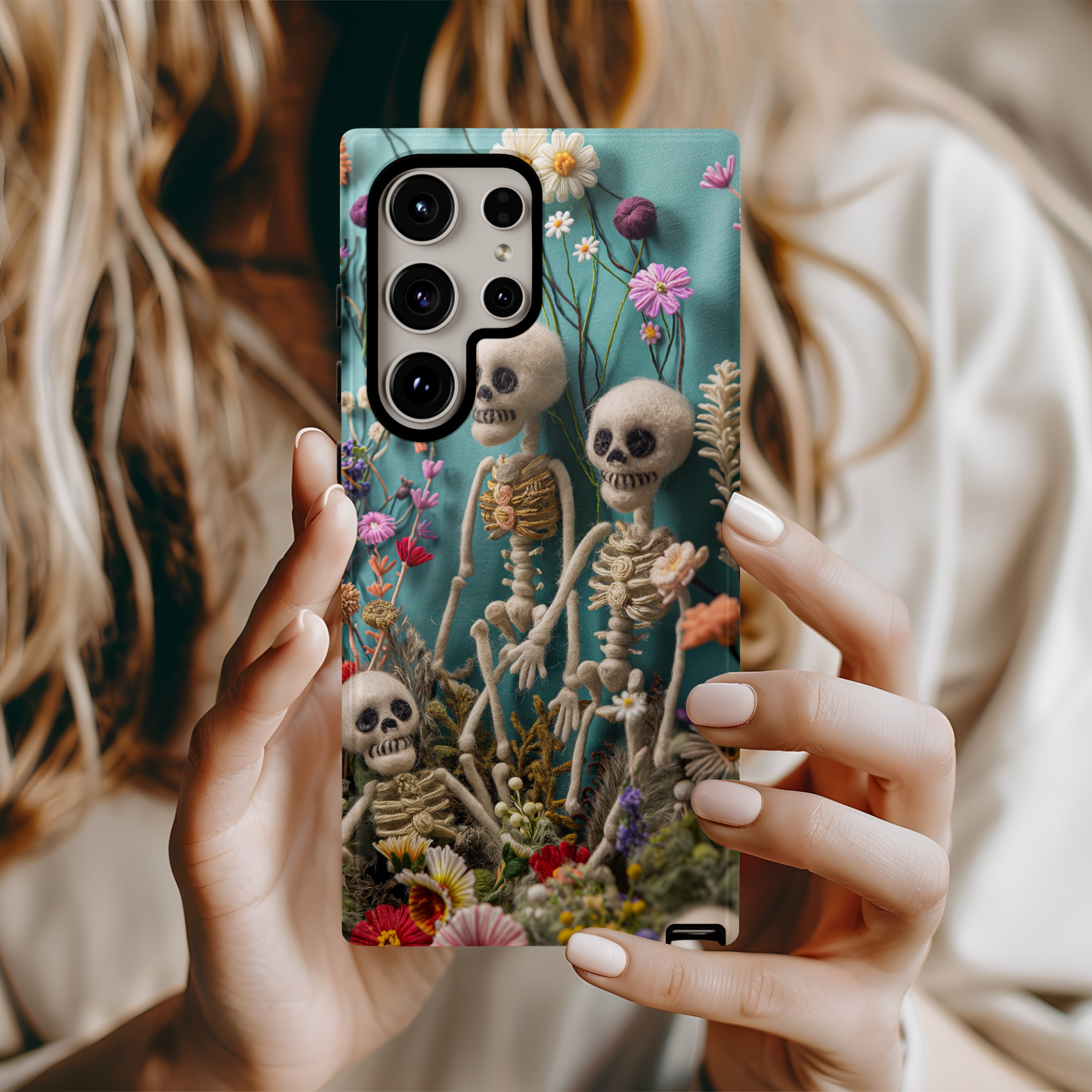 Embroidered Skeleton Floral Phone Case