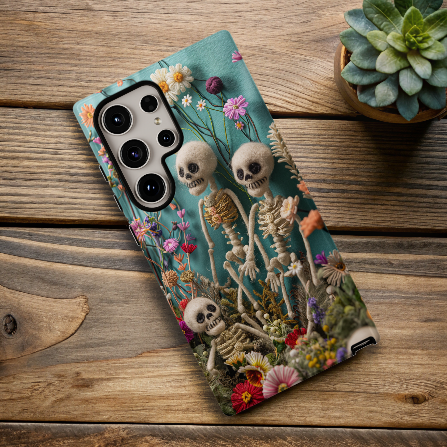 Embroidered Skeleton Floral Phone Case