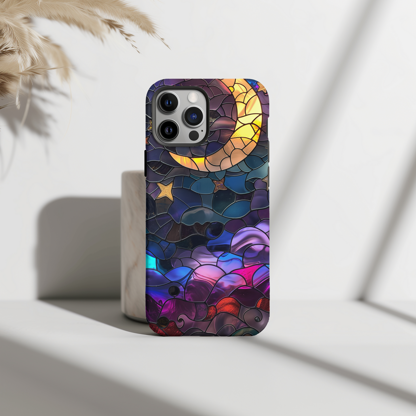 Moon & Stars Stained Glass Phone Case – Celestial Beauty Meets Everyday Protection