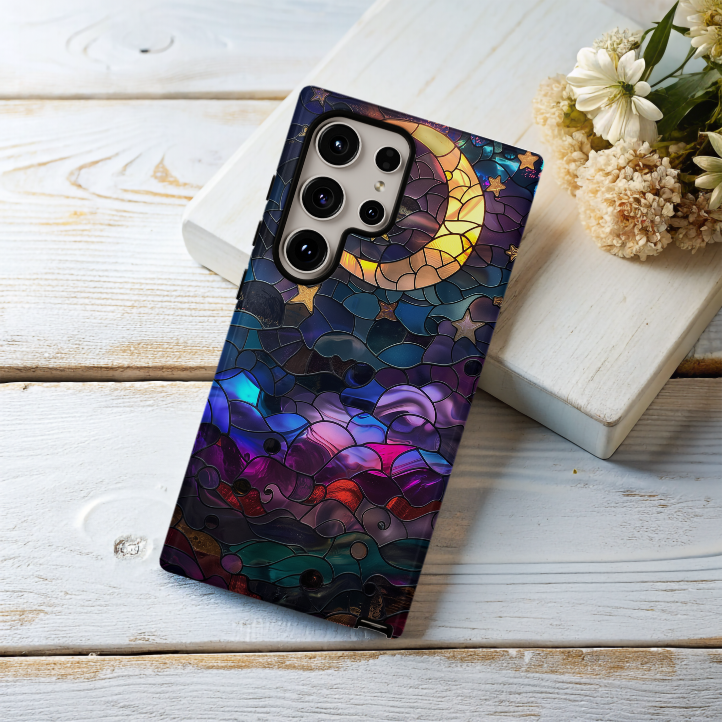 Moon & Stars Stained Glass Phone Case – Celestial Beauty Meets Everyday Protection
