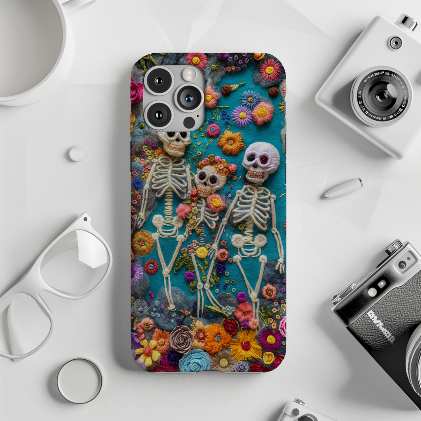 Embroidered Skeleton Floral Phone Case