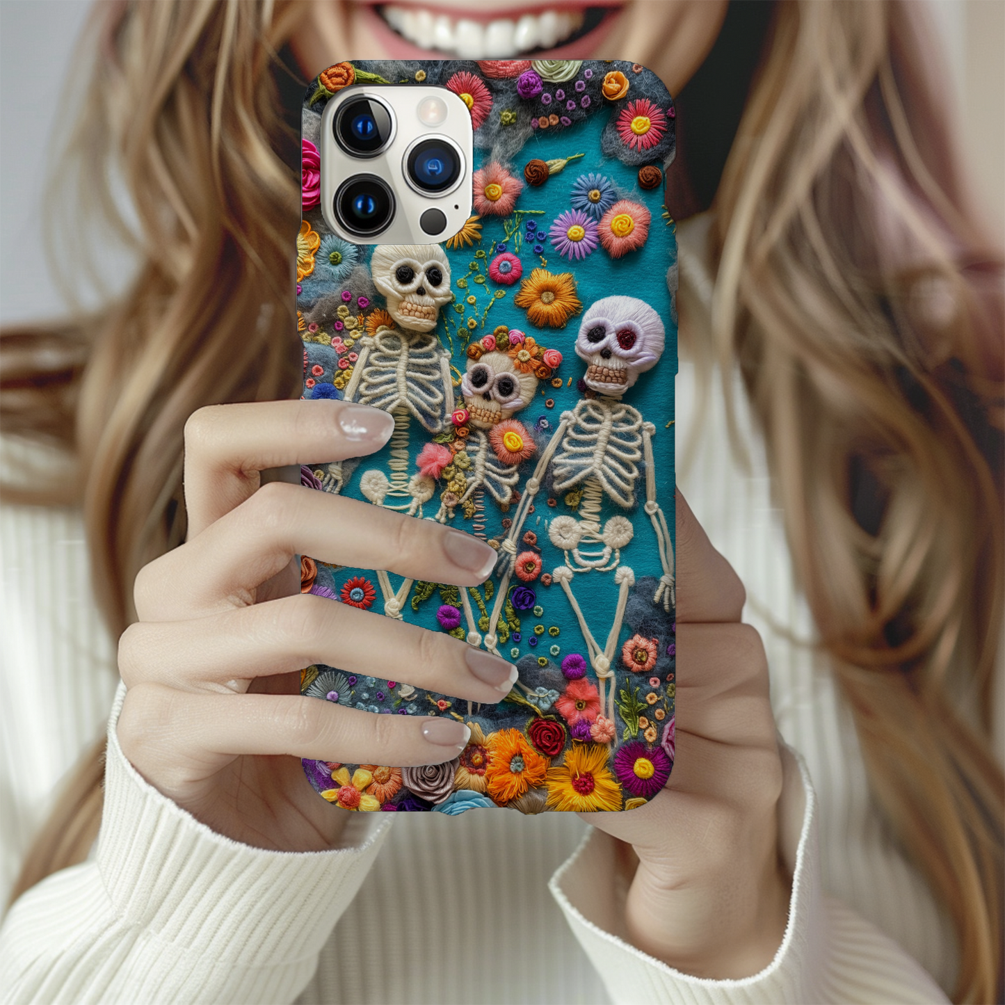 Embroidered Skeleton Floral Phone Case