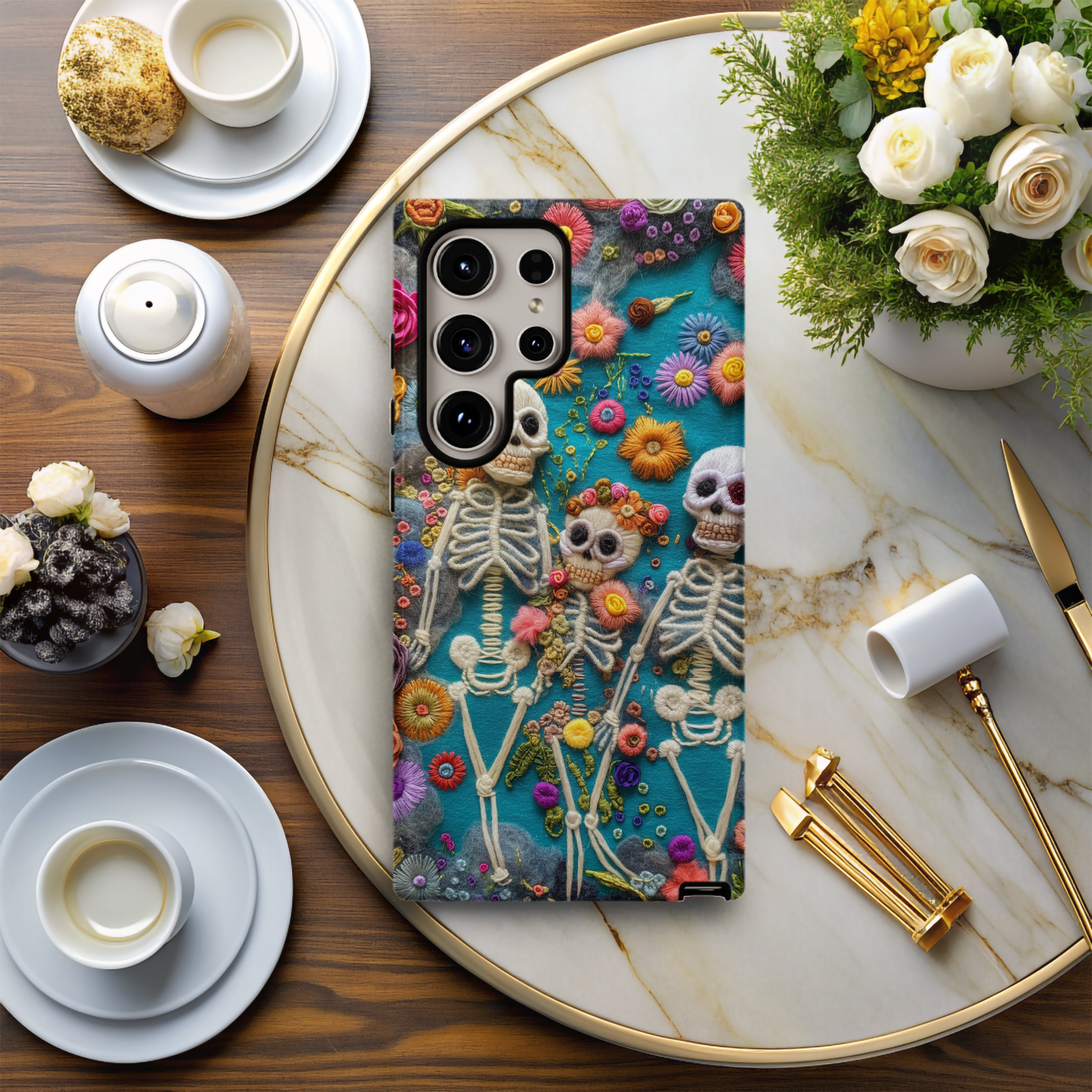 Embroidered Skeleton Floral Phone Case
