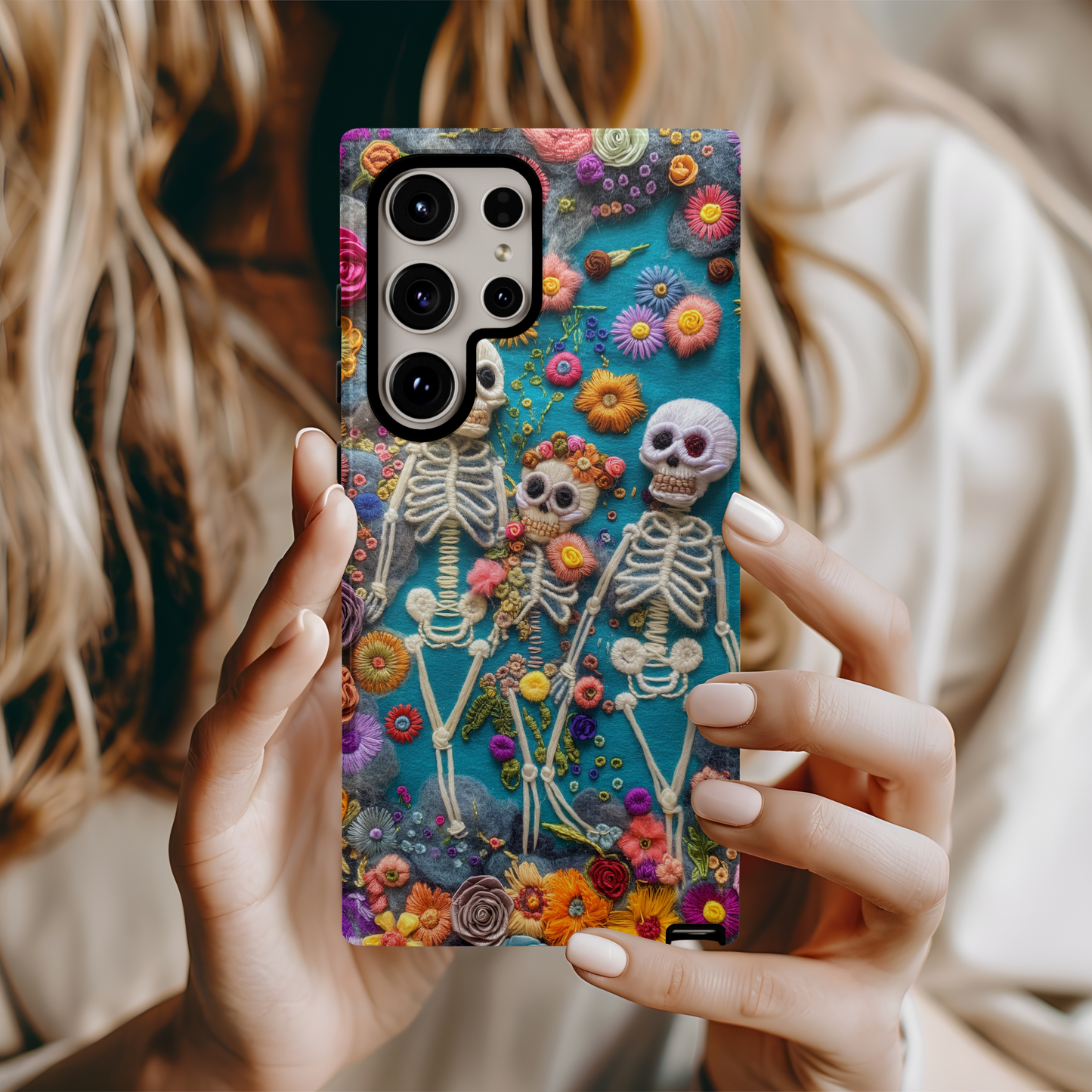 Embroidered Skeleton Floral Phone Case