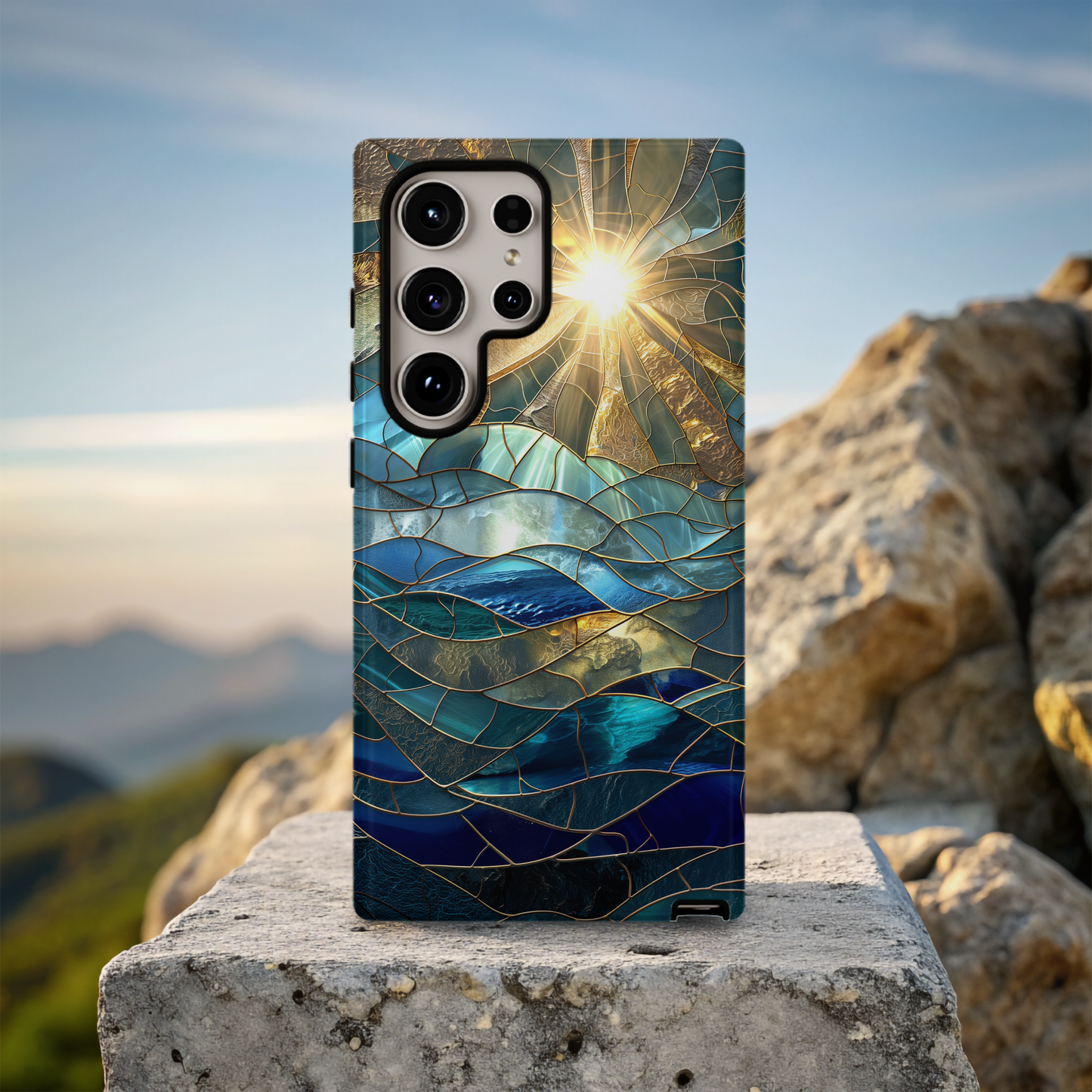 Sun Rays & Waves Stained Glass Phone Case – A Harmony of Light, Color, and Strength