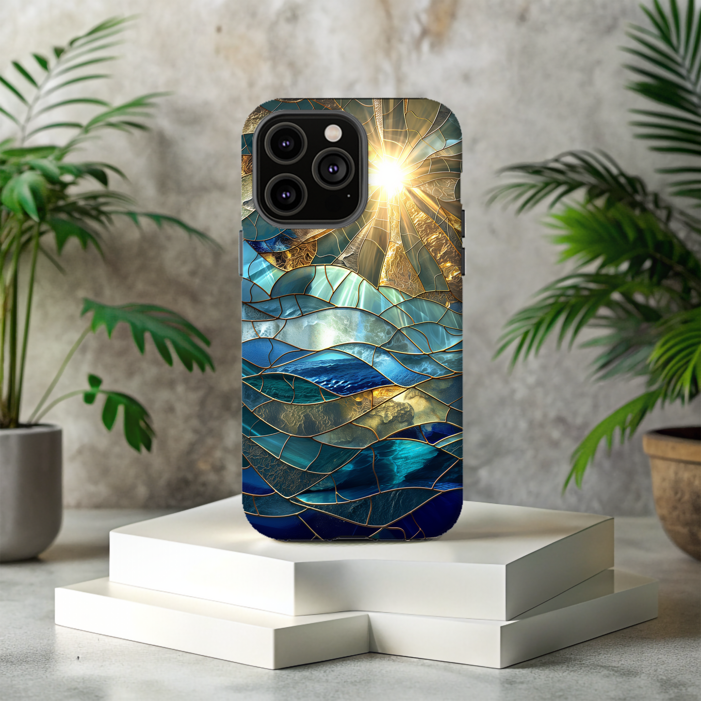 Sun Rays & Waves Stained Glass Phone Case – A Harmony of Light, Color, and Strength