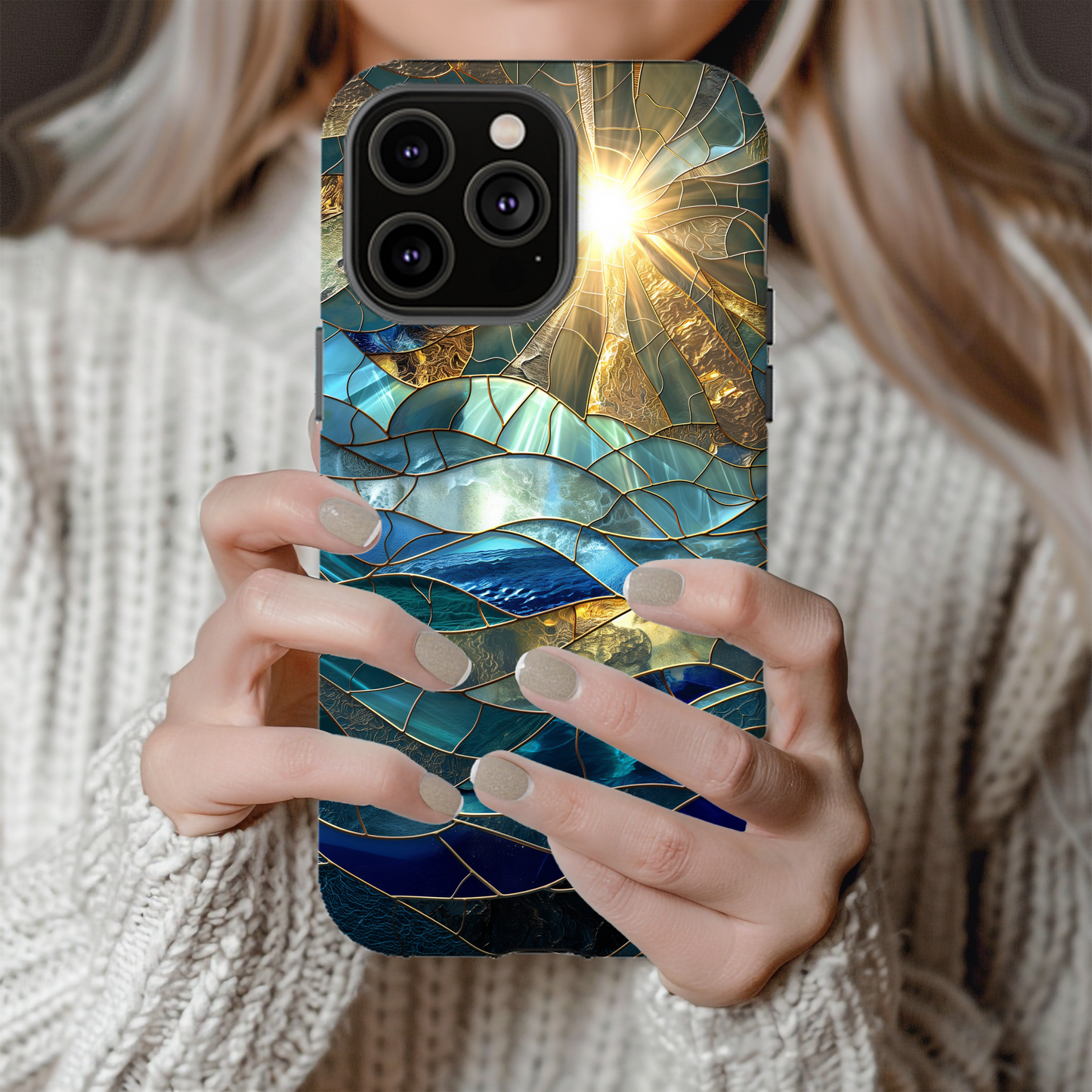 Sun Rays & Waves Stained Glass Phone Case – A Harmony of Light, Color, and Strength