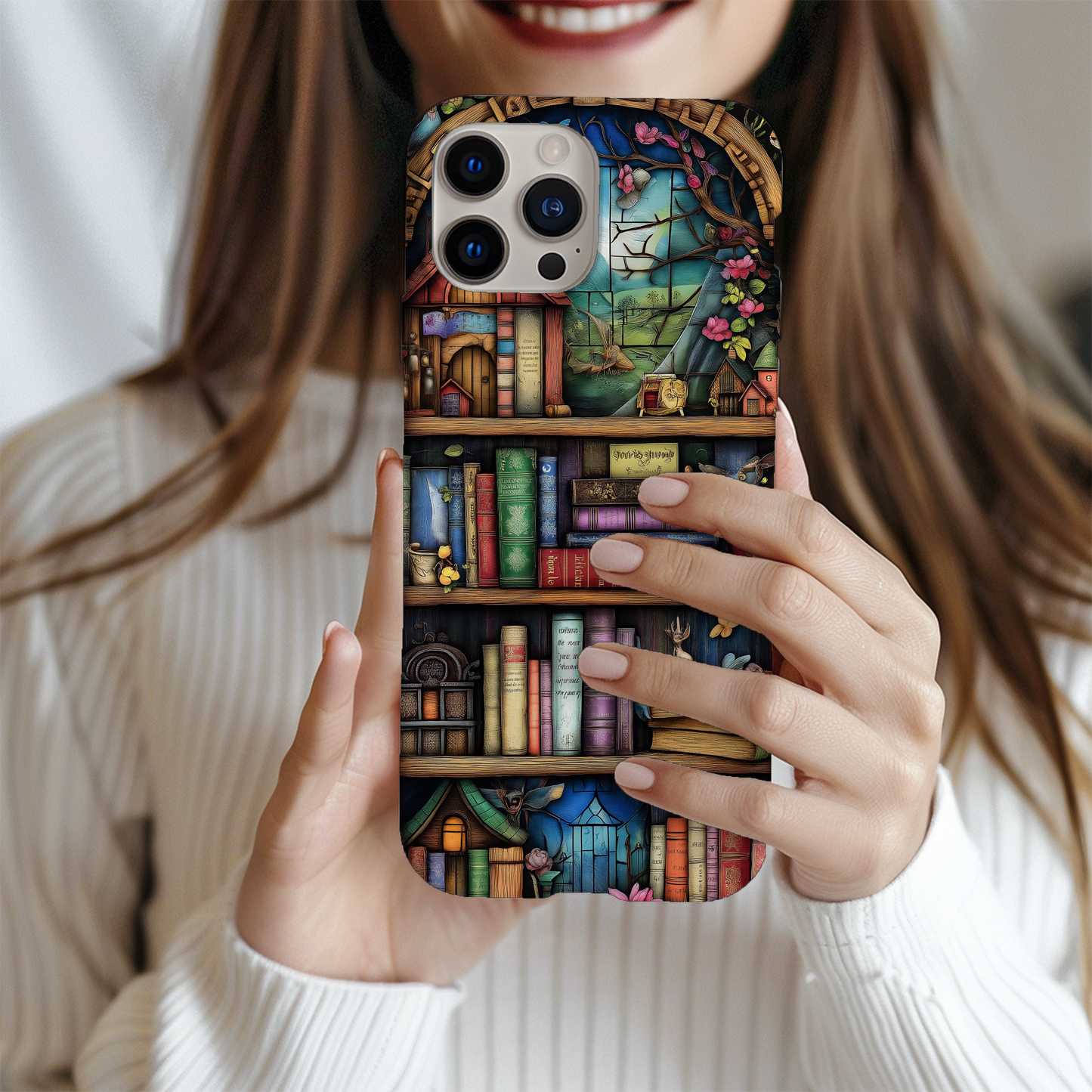 Whimsical Fantasy Bookshelf Phone Case – A Magical Escape in Every Detail