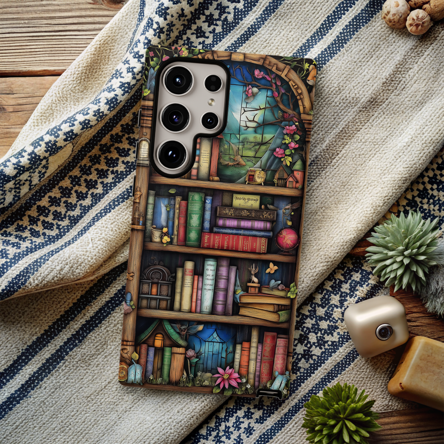 Whimsical Fantasy Bookshelf Phone Case – A Magical Escape in Every Detail