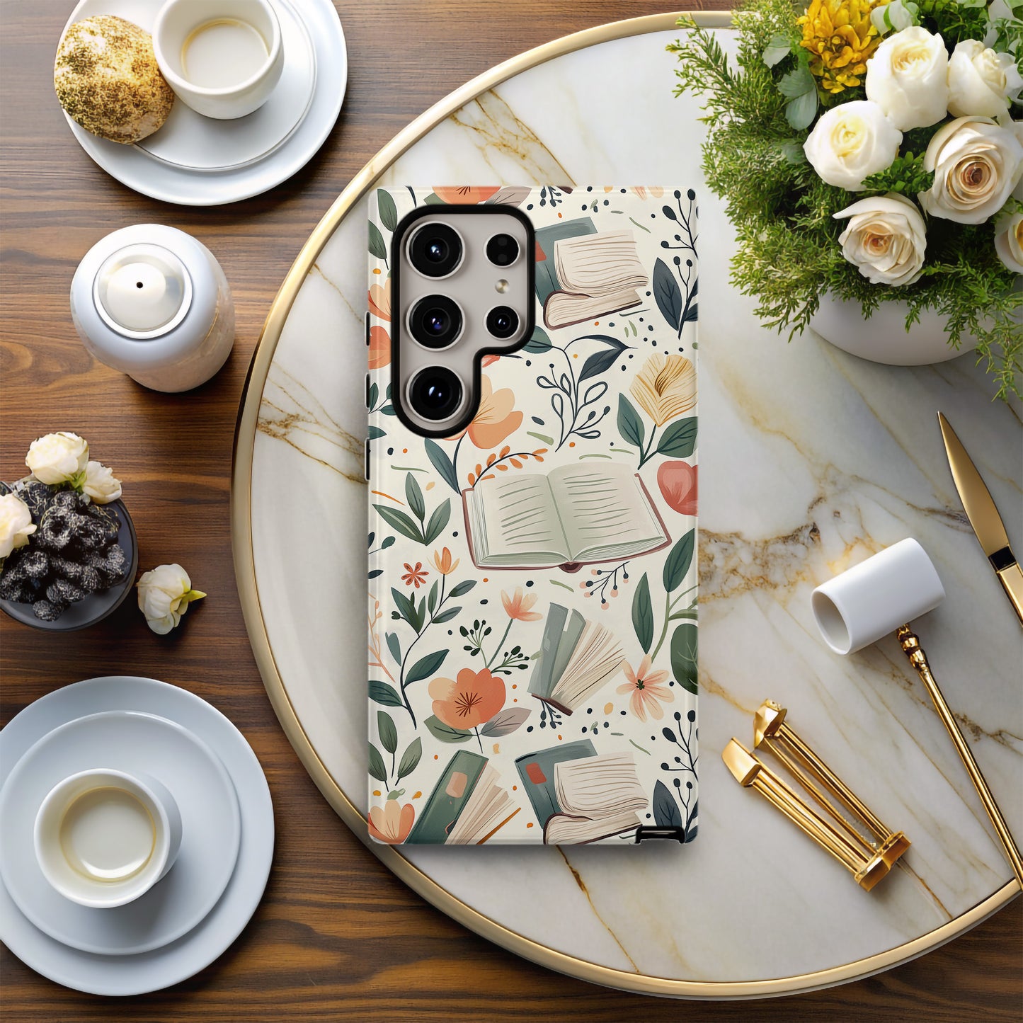 Books & Floral Phone Case – Literary Elegance with Everyday Protection