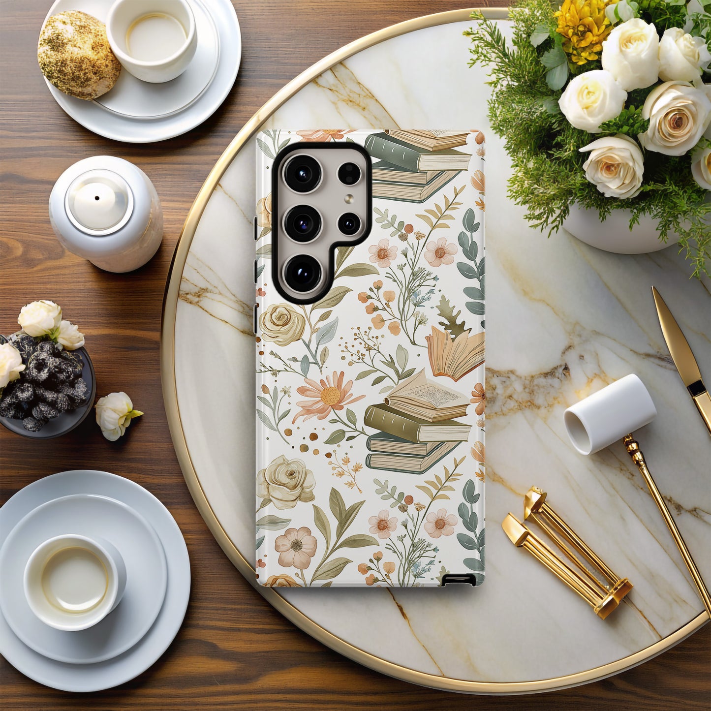 Books & Floral Phone Case – Literary Elegance with Everyday Protection