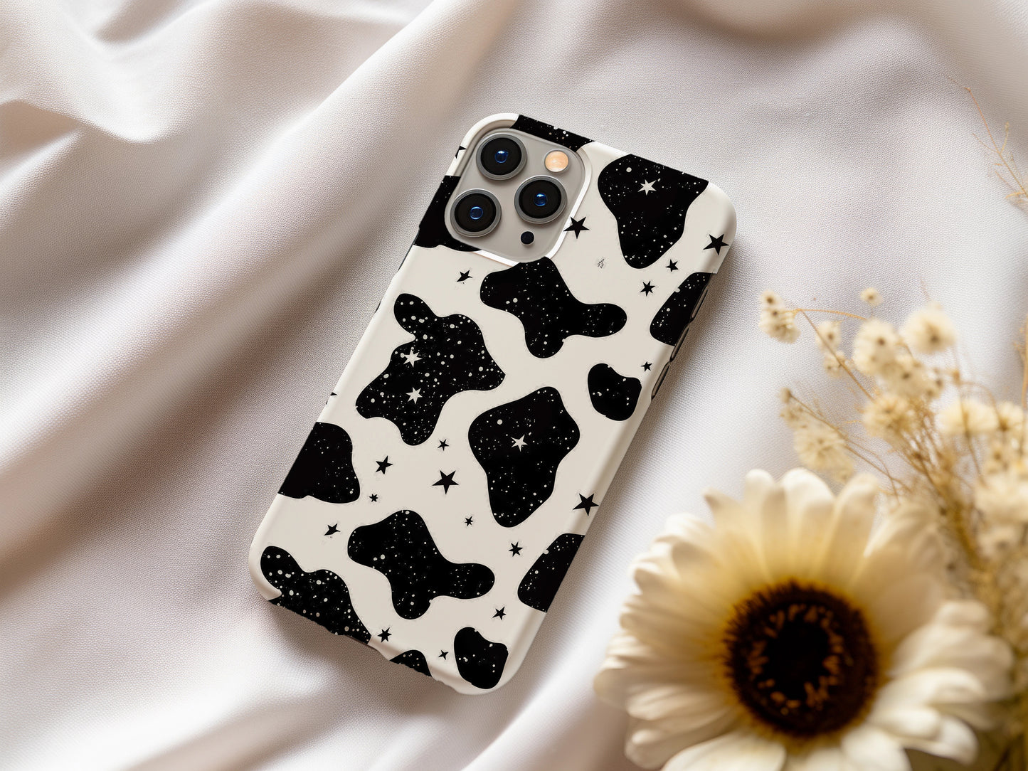 Cow Print & Stars Phone Case – Trendy, Cosmic, and Built for Protection