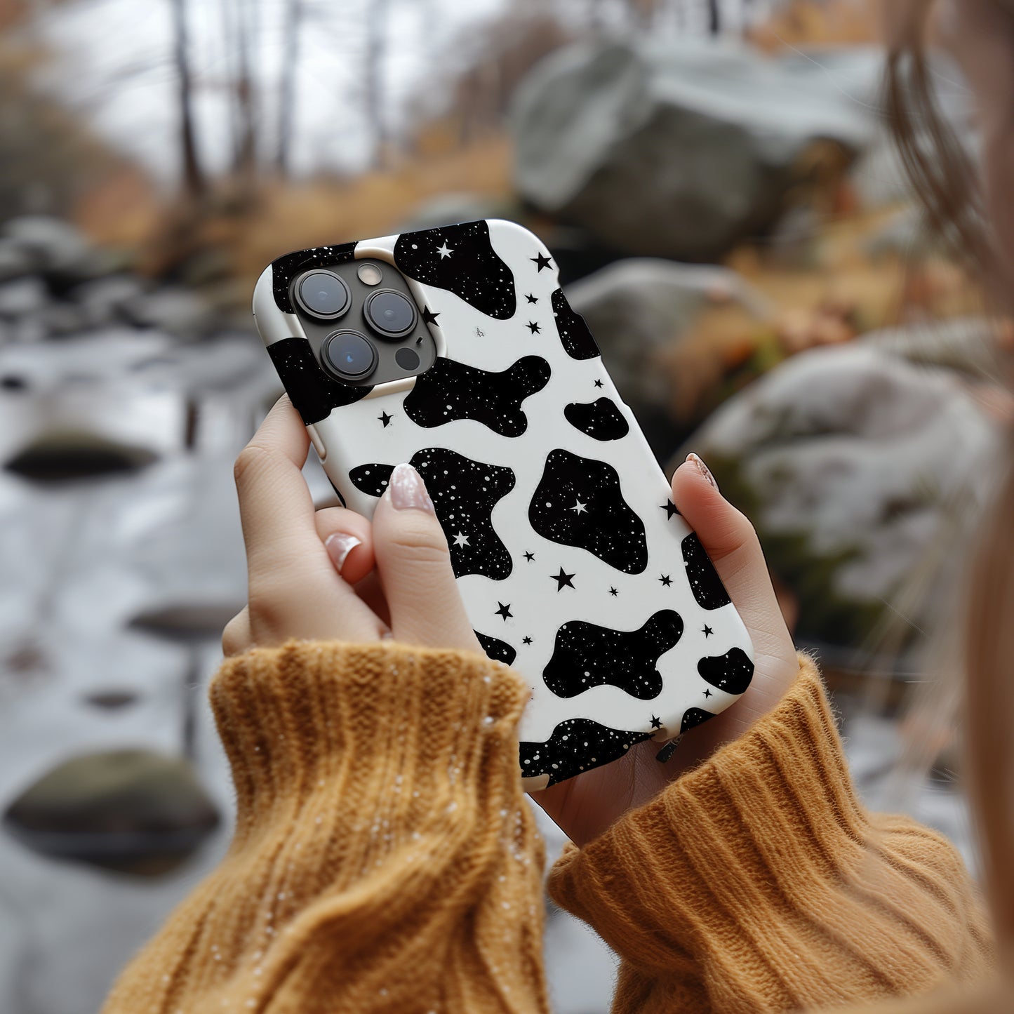 Cow Print & Stars Phone Case – Trendy, Cosmic, and Built for Protection