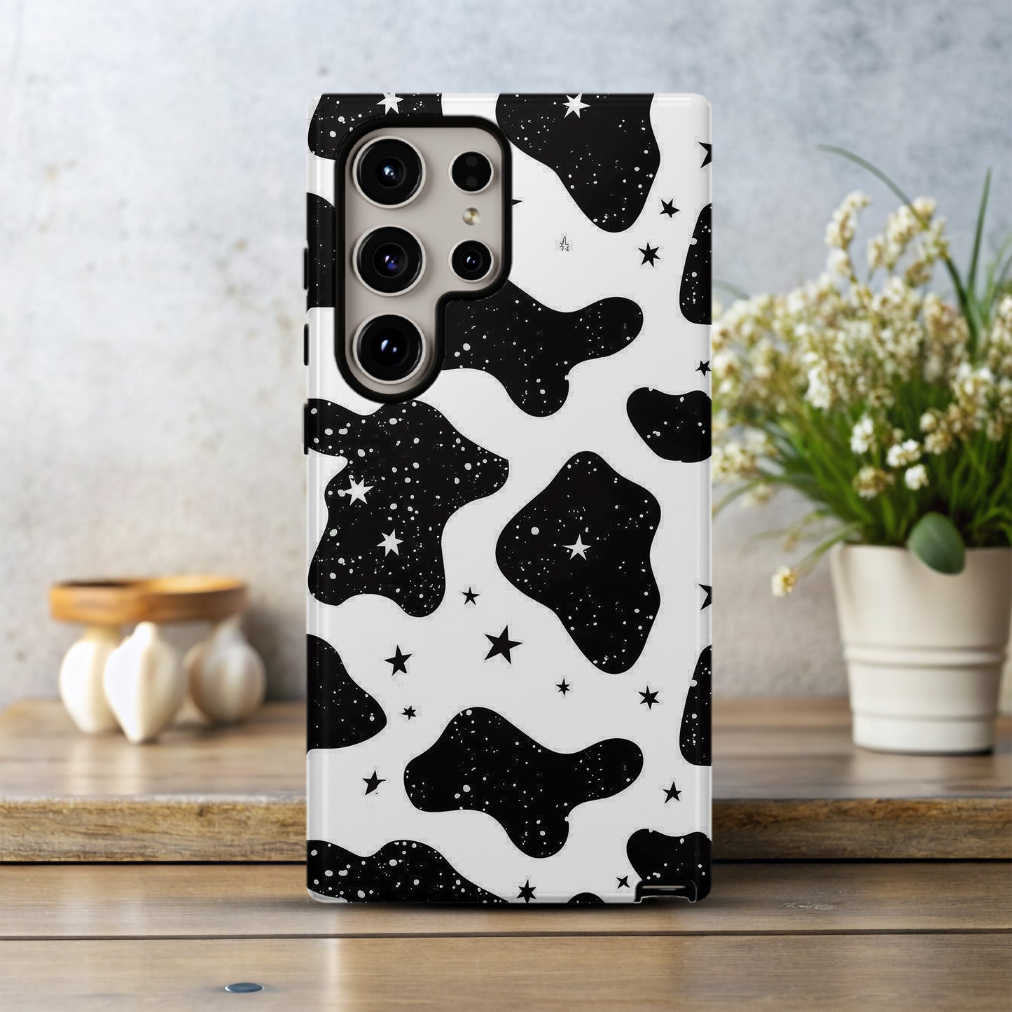 Cow Print & Stars Phone Case – Trendy, Cosmic, and Built for Protection