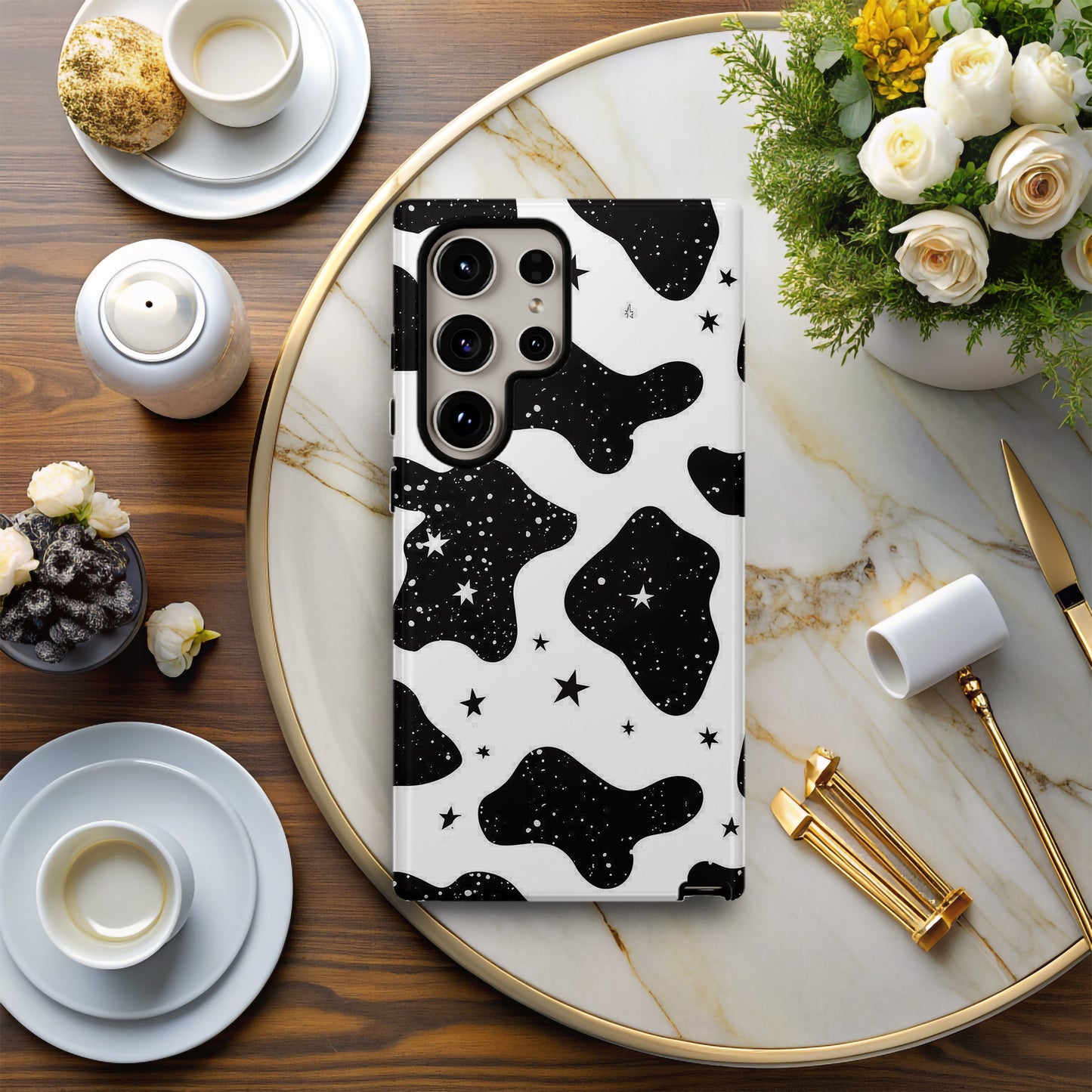 Cow Print & Stars Phone Case – Trendy, Cosmic, and Built for Protection