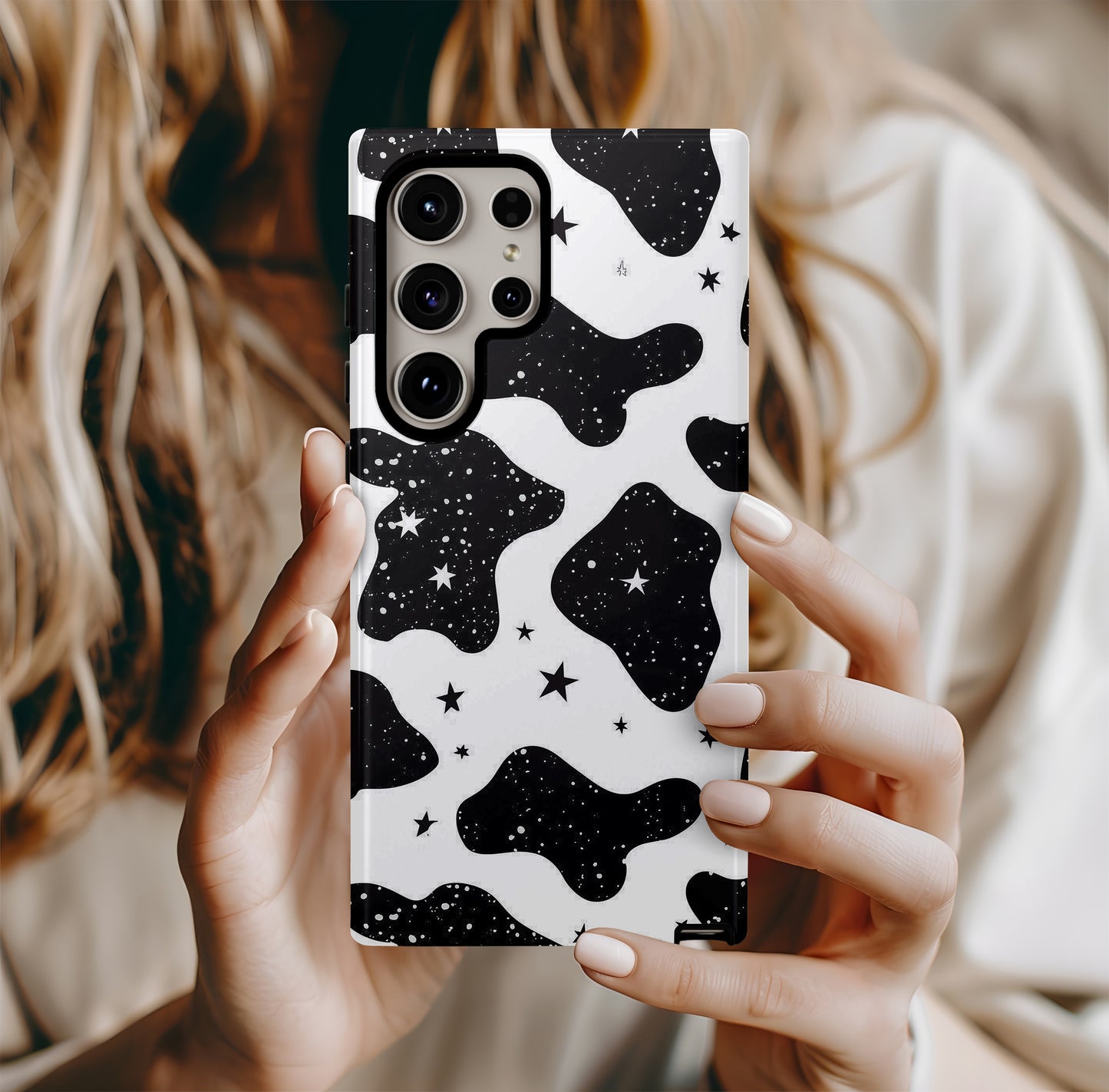 Cow Print & Stars Phone Case – Trendy, Cosmic, and Built for Protection