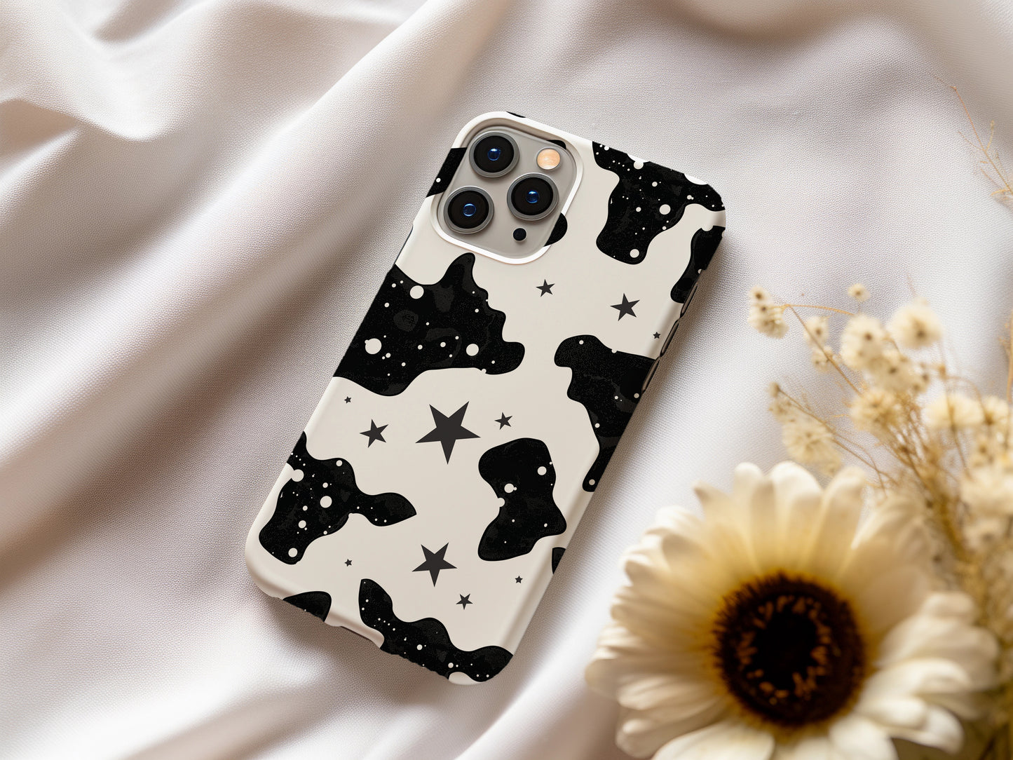 Cow Print & Stars Phone Case – Trendy, Cosmic, and Built for Protection