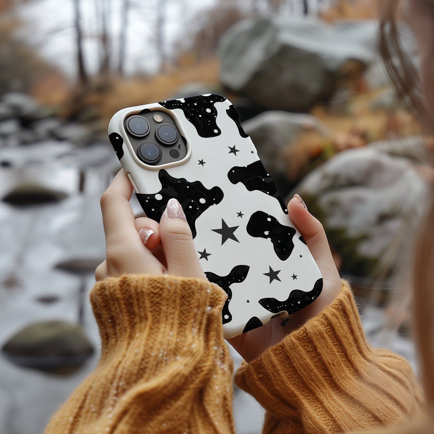Cow Print & Stars Phone Case – Trendy, Cosmic, and Built for Protection