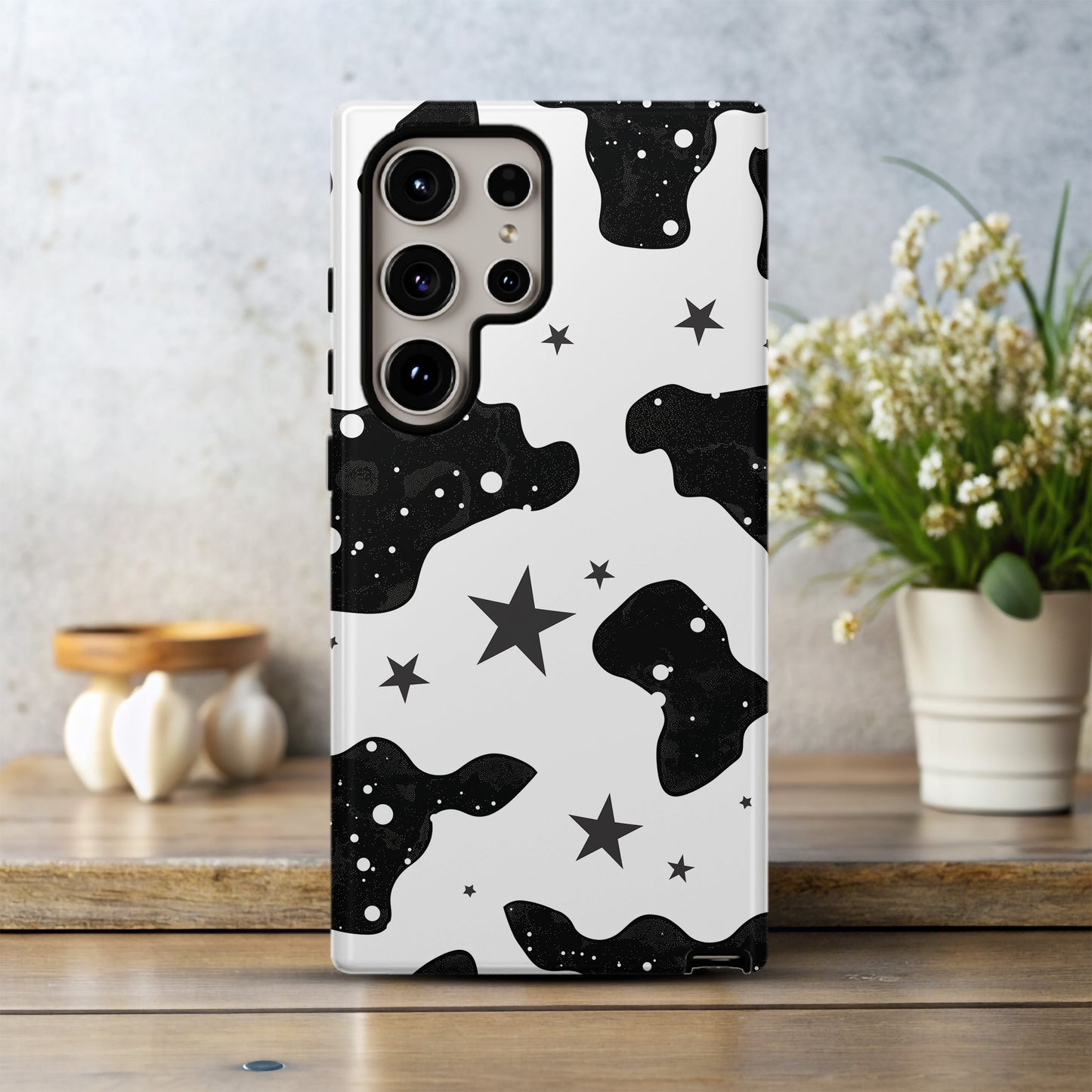Cow Print & Stars Phone Case – Trendy, Cosmic, and Built for Protection