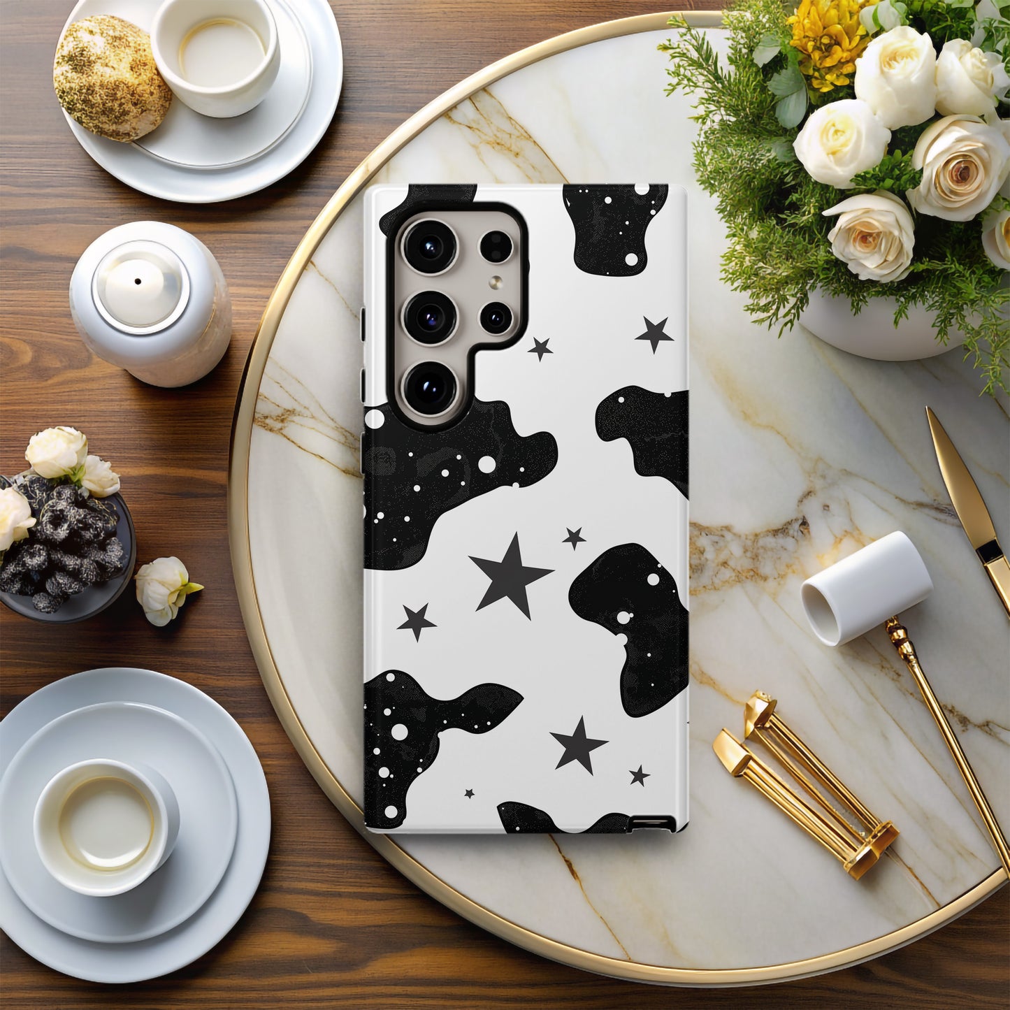 Cow Print & Stars Phone Case – Trendy, Cosmic, and Built for Protection