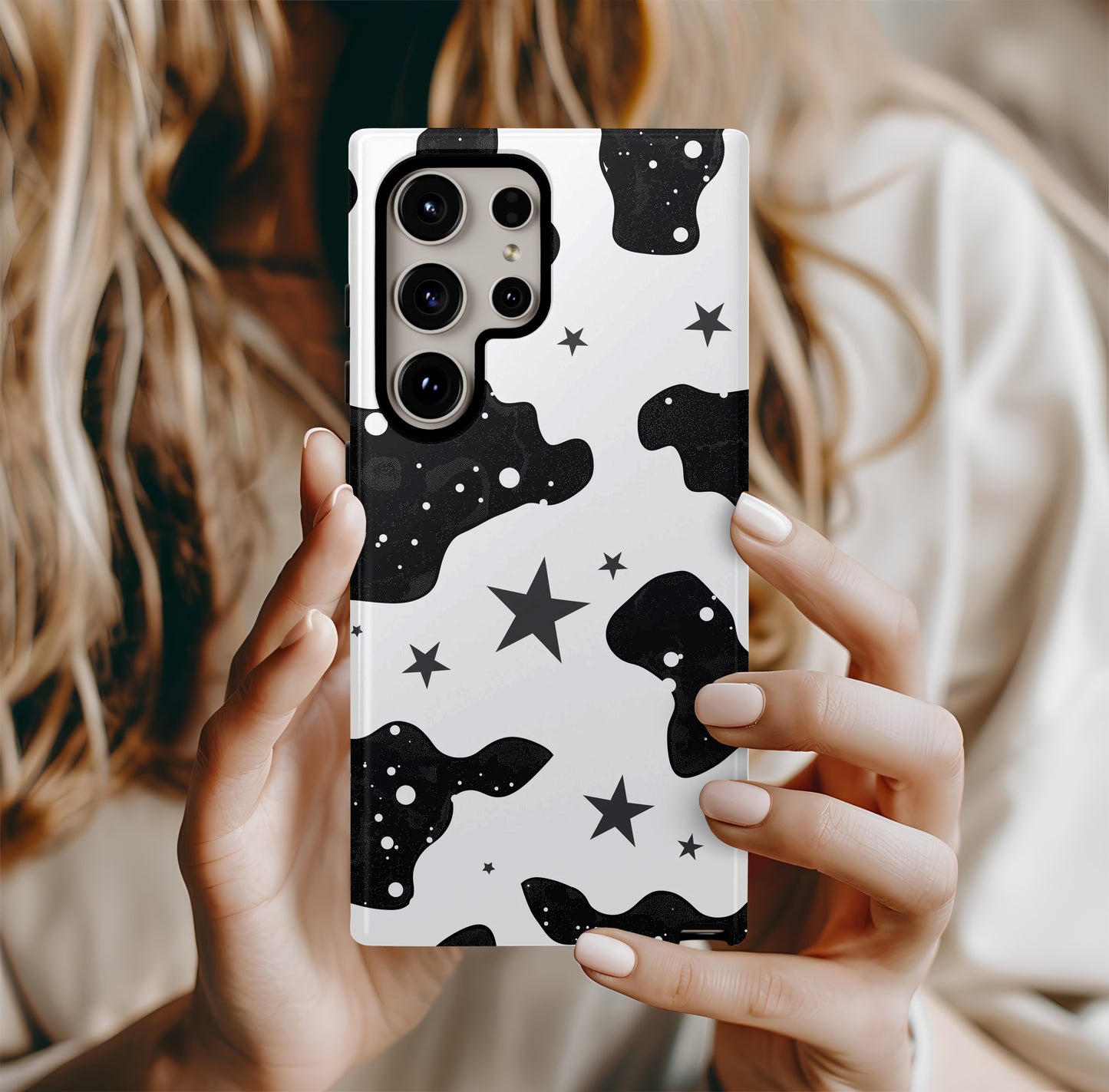 Cow Print & Stars Phone Case – Trendy, Cosmic, and Built for Protection