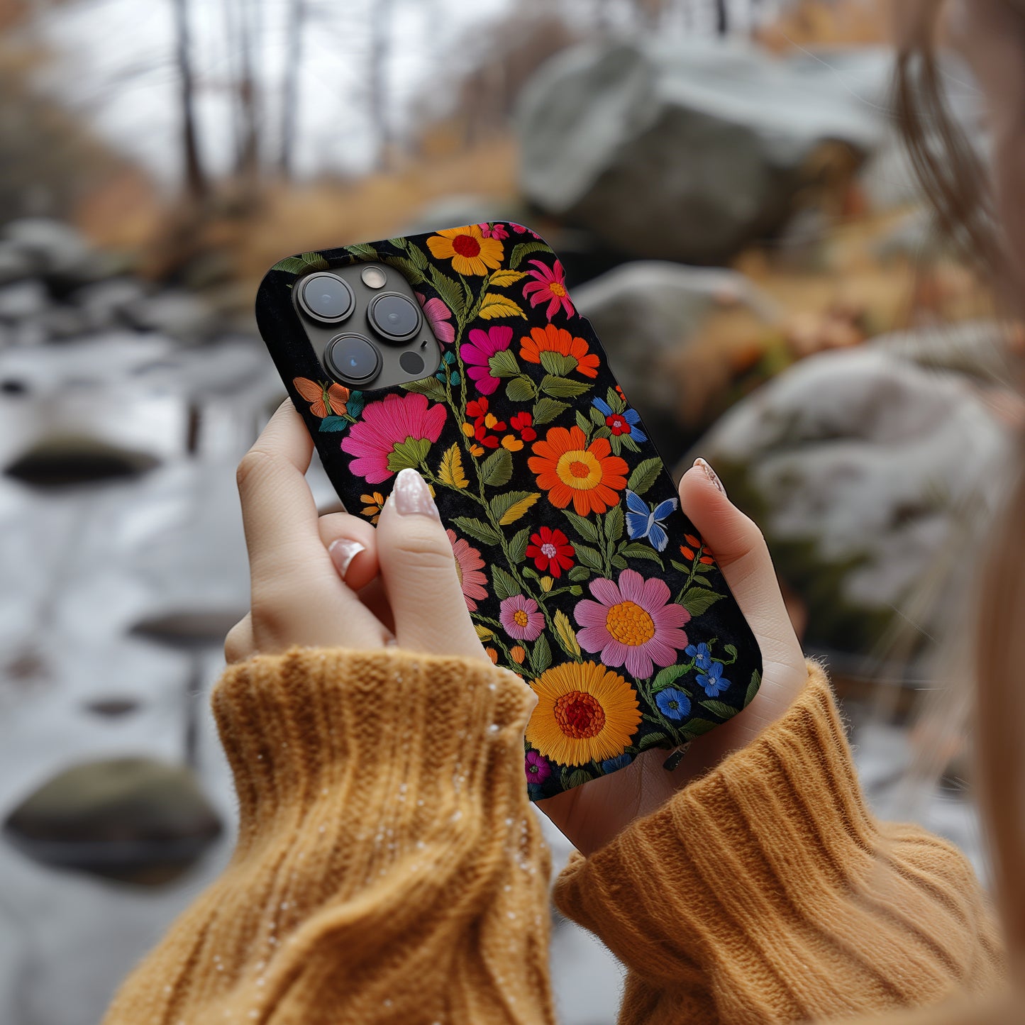 Embroidered Wildflower Phone Case – Nature’s Beauty with Everyday Protection