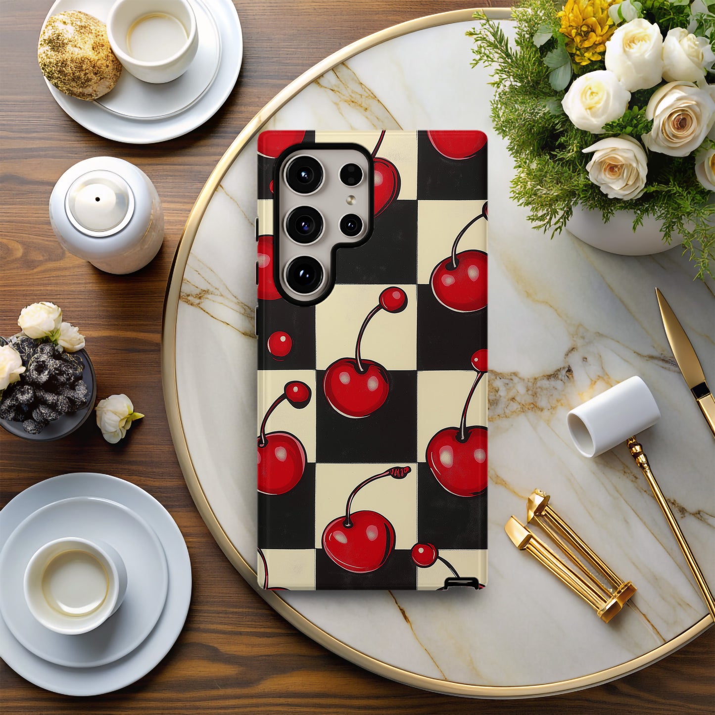 Cherry Checkered Phone Case – Retro Sweetness with Everyday Protection