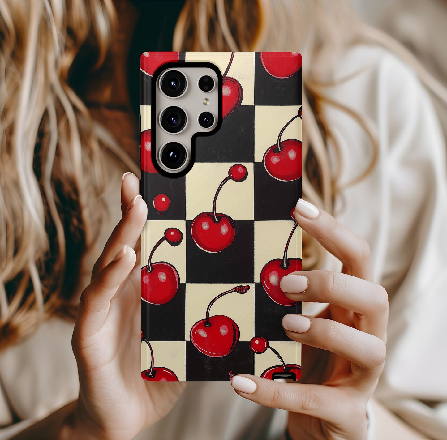 Cherry Checkered Phone Case – Retro Sweetness with Everyday Protection