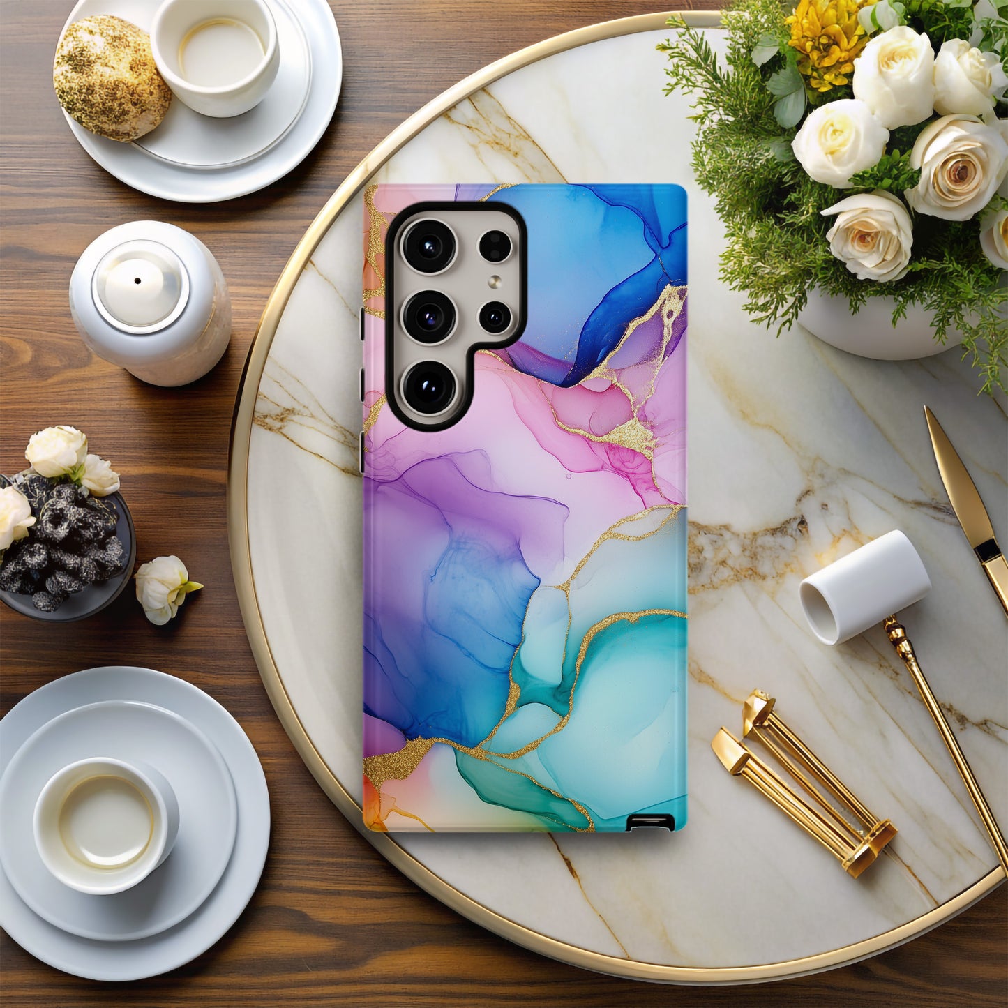 Aurora Marble Luxe Phone Case – Ethereal Hues & Everyday Protection with Golden Elegance