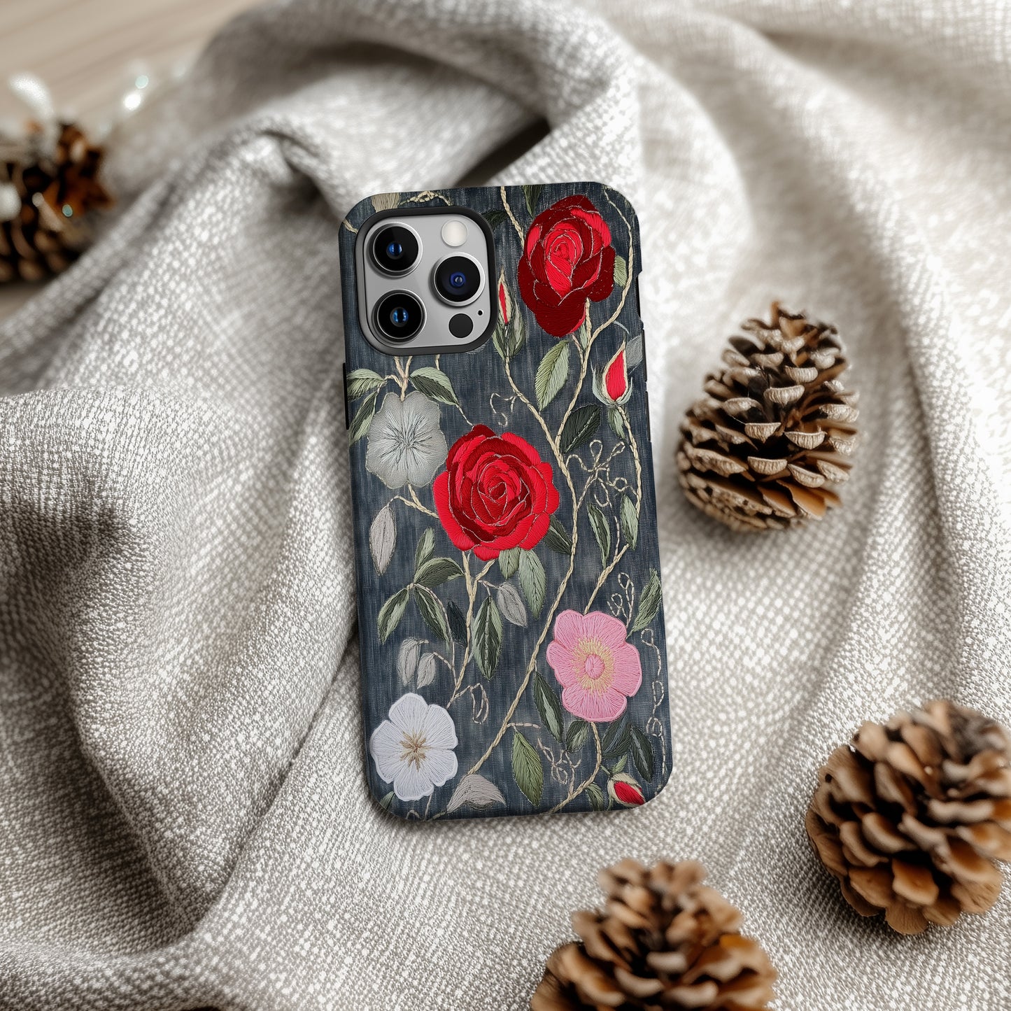 Boho Rose Tangle Phone Case – Hand-Stitched Vintage Elegance Meets Rugged Protection