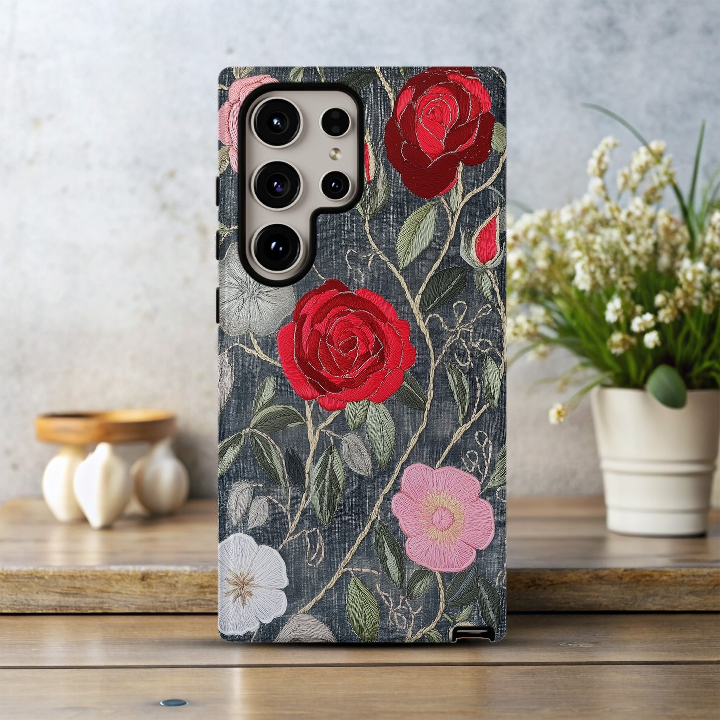 Boho Rose Tangle Phone Case – Hand-Stitched Vintage Elegance Meets Rugged Protection