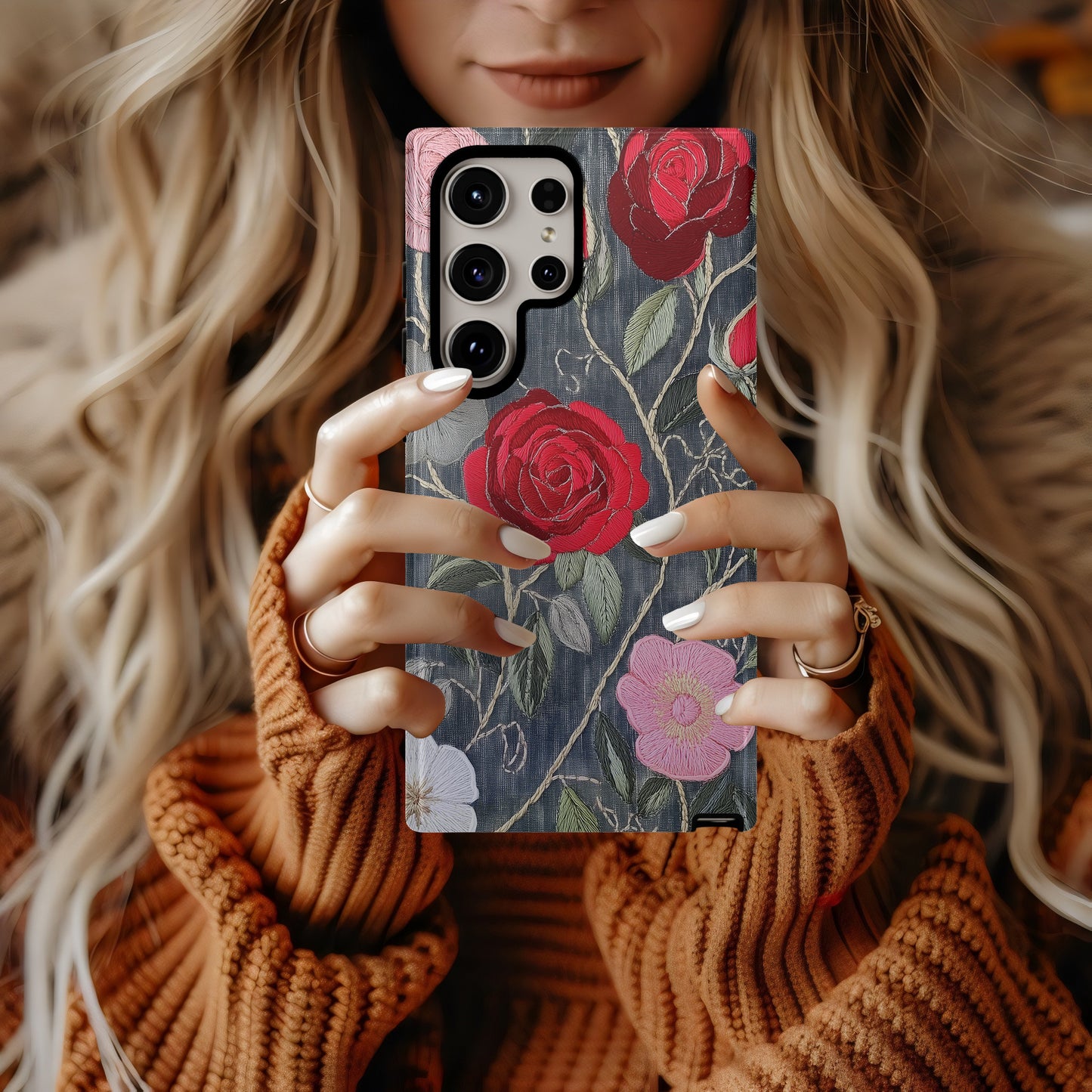 Boho Rose Tangle Phone Case – Hand-Stitched Vintage Elegance Meets Rugged Protection