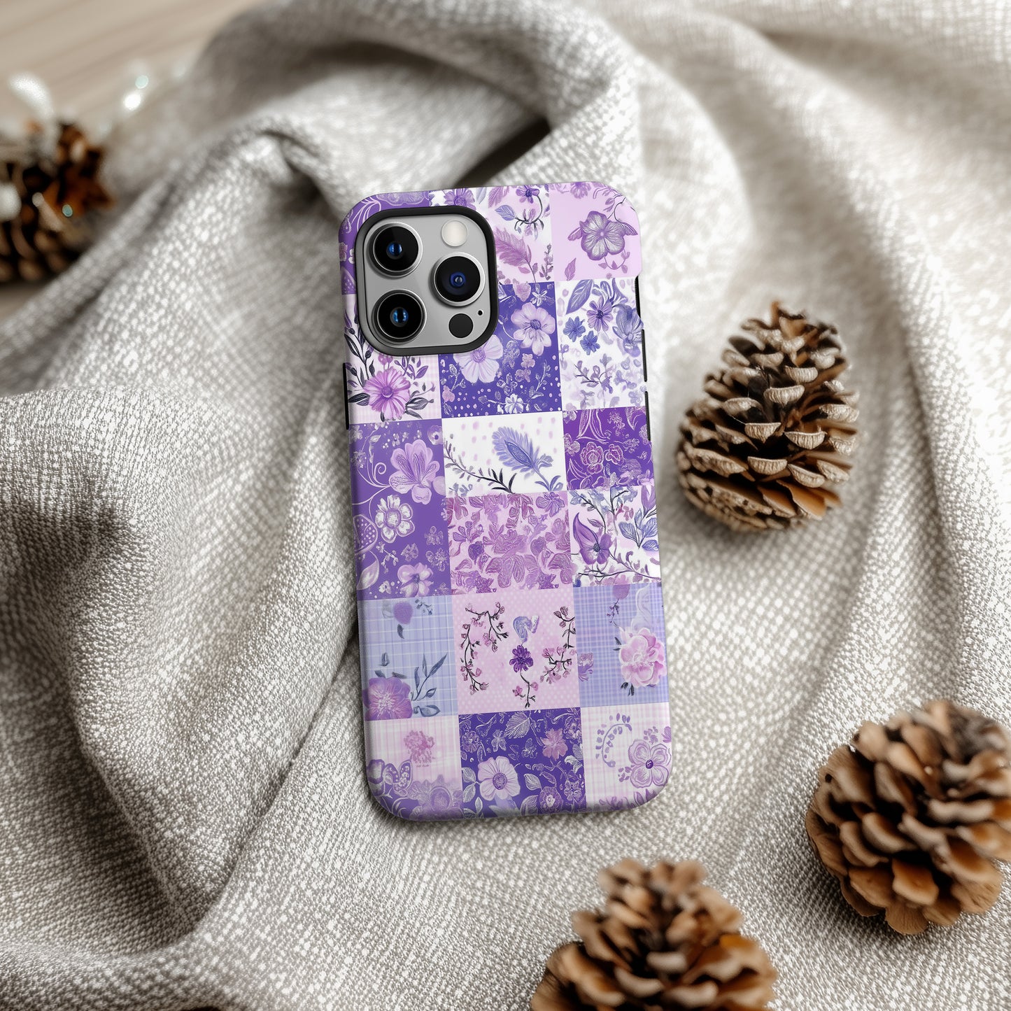Lavender Calico Patchwork Phone Case – Dreamy Pastel Purple Charm