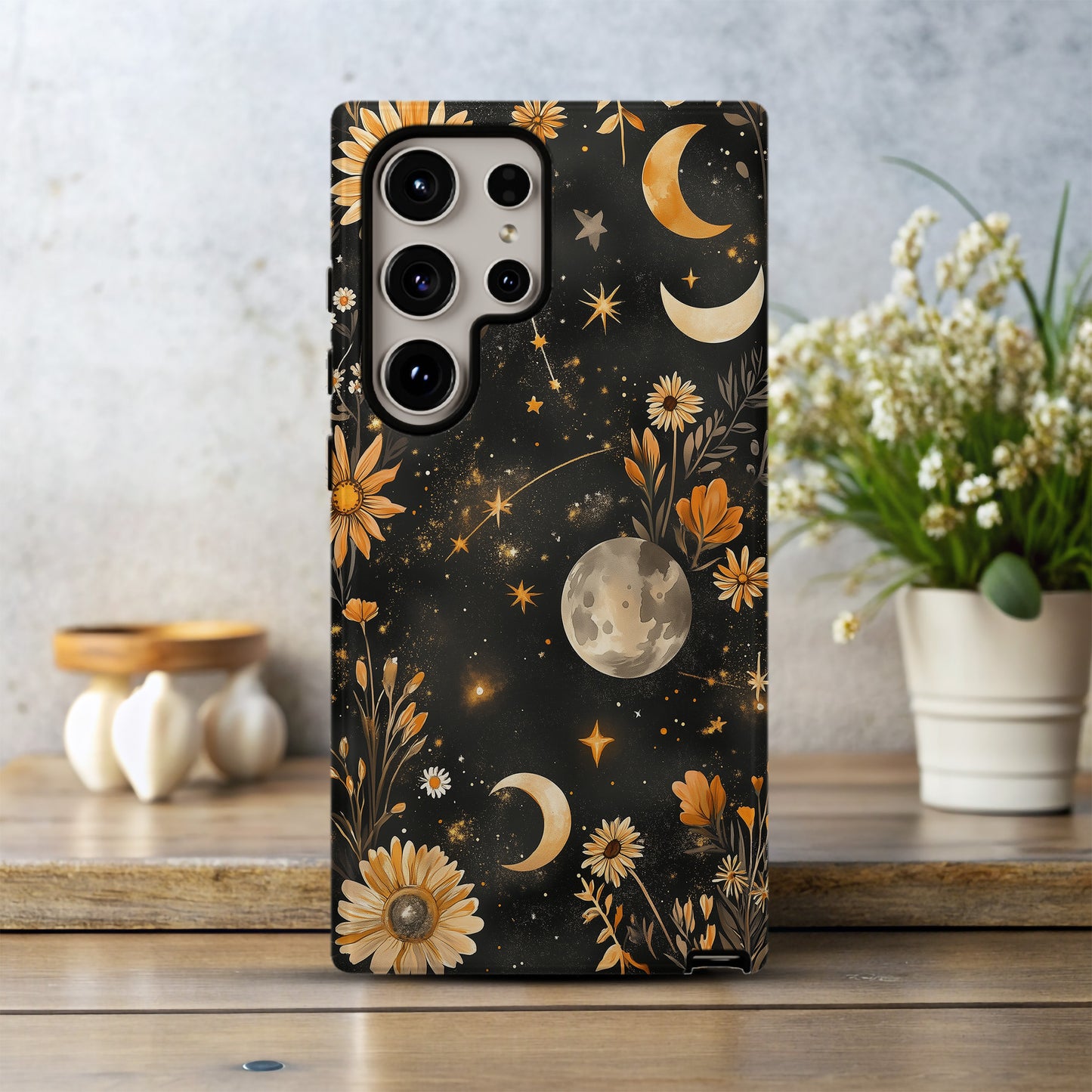 Celestial Wildflower Phone Case – Boho Moon & Stars Floral Design