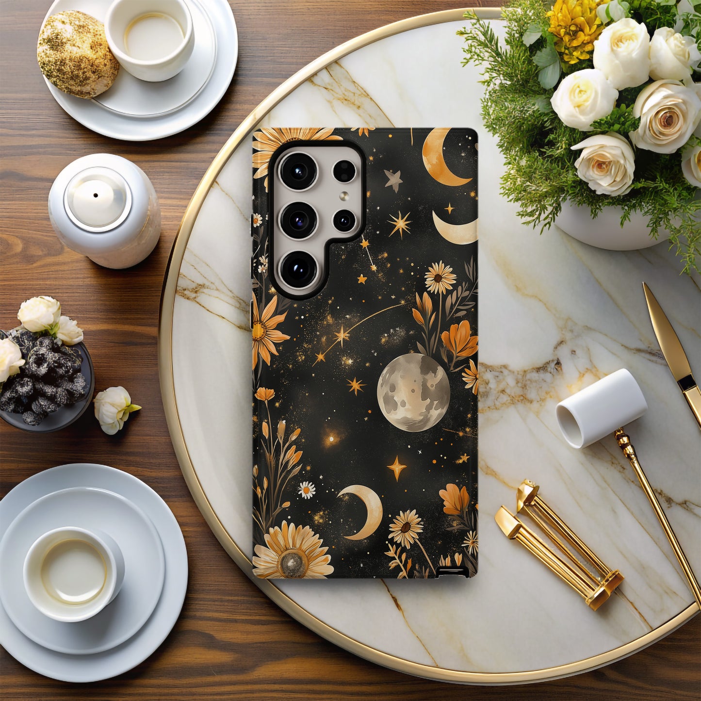 Celestial Wildflower Phone Case – Boho Moon & Stars Floral Design