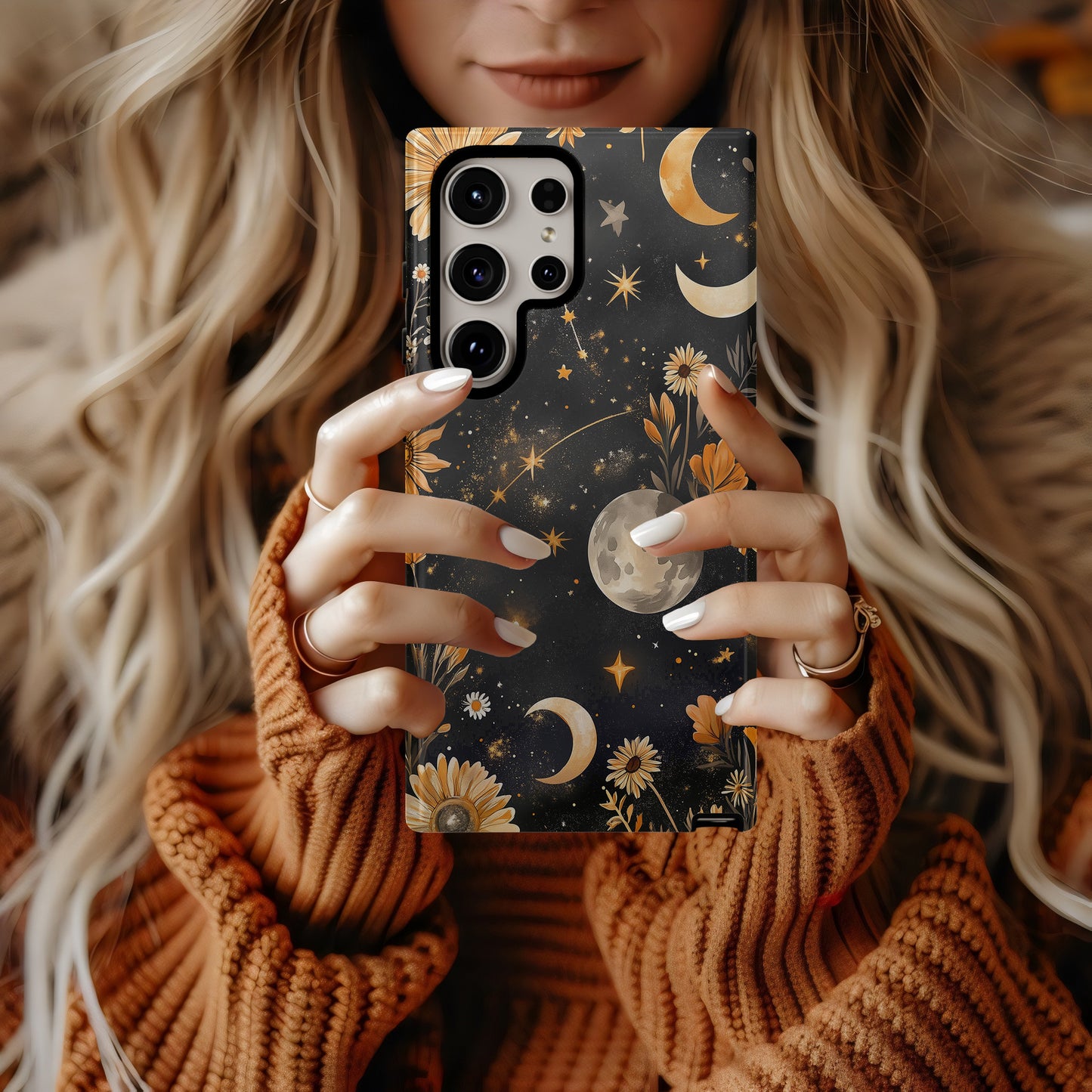 Celestial Wildflower Phone Case – Boho Moon & Stars Floral Design