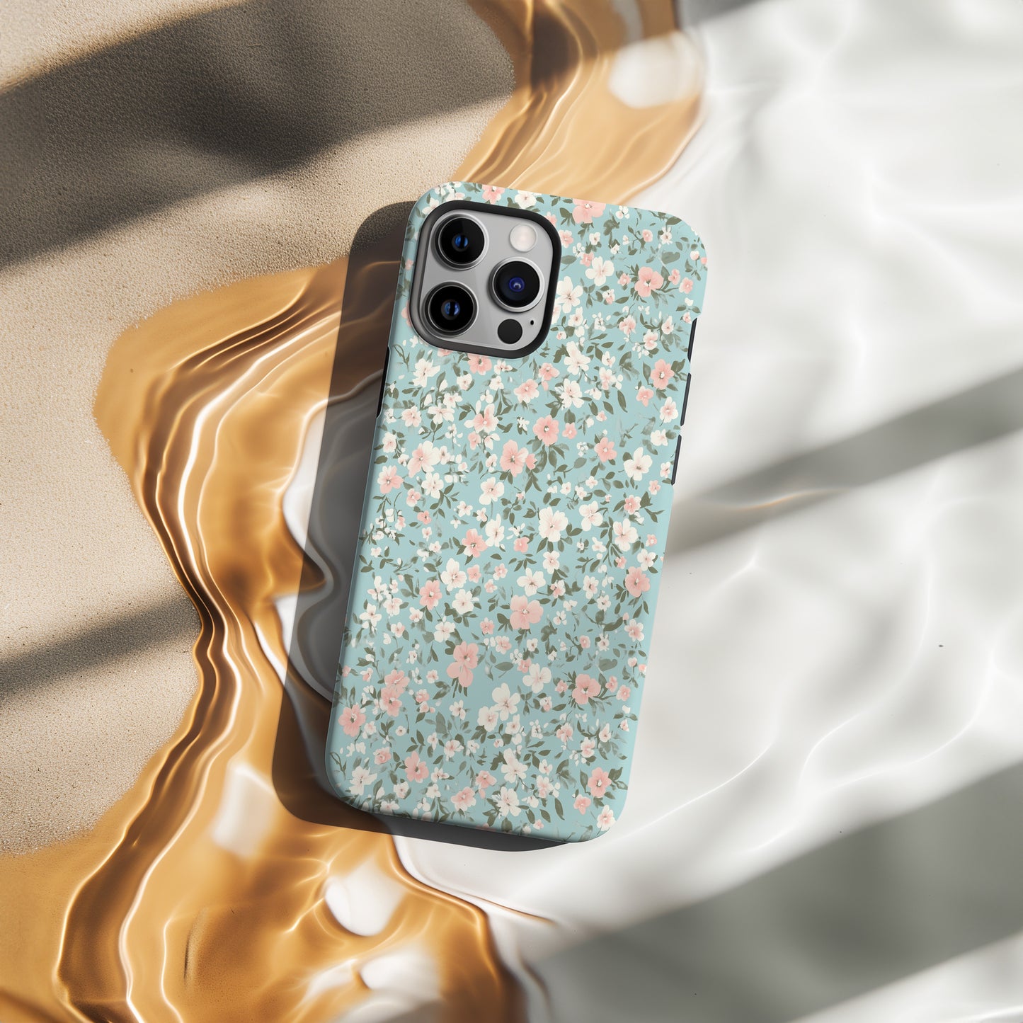 Vintage Pastel Floral Phone Case – Soft Blue Background with Pink & White Blossoms