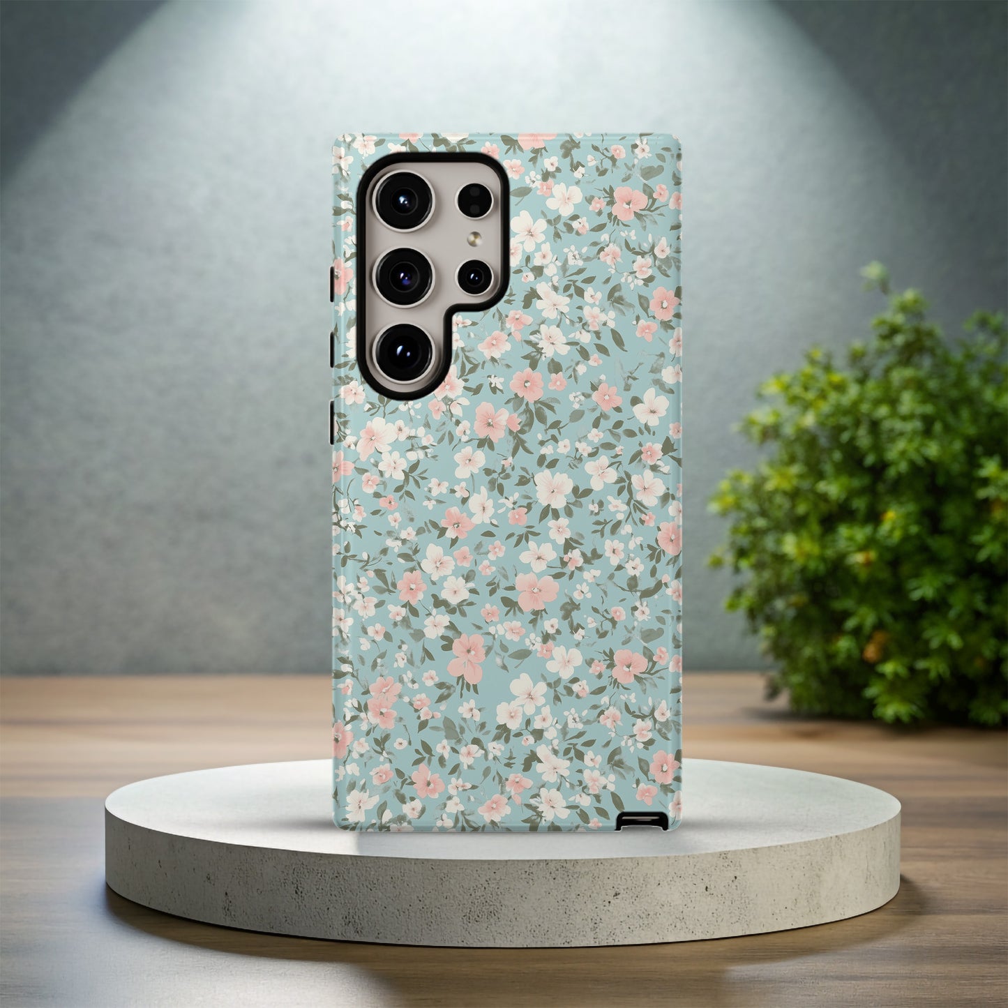 Vintage Pastel Floral Phone Case – Soft Blue Background with Pink & White Blossoms