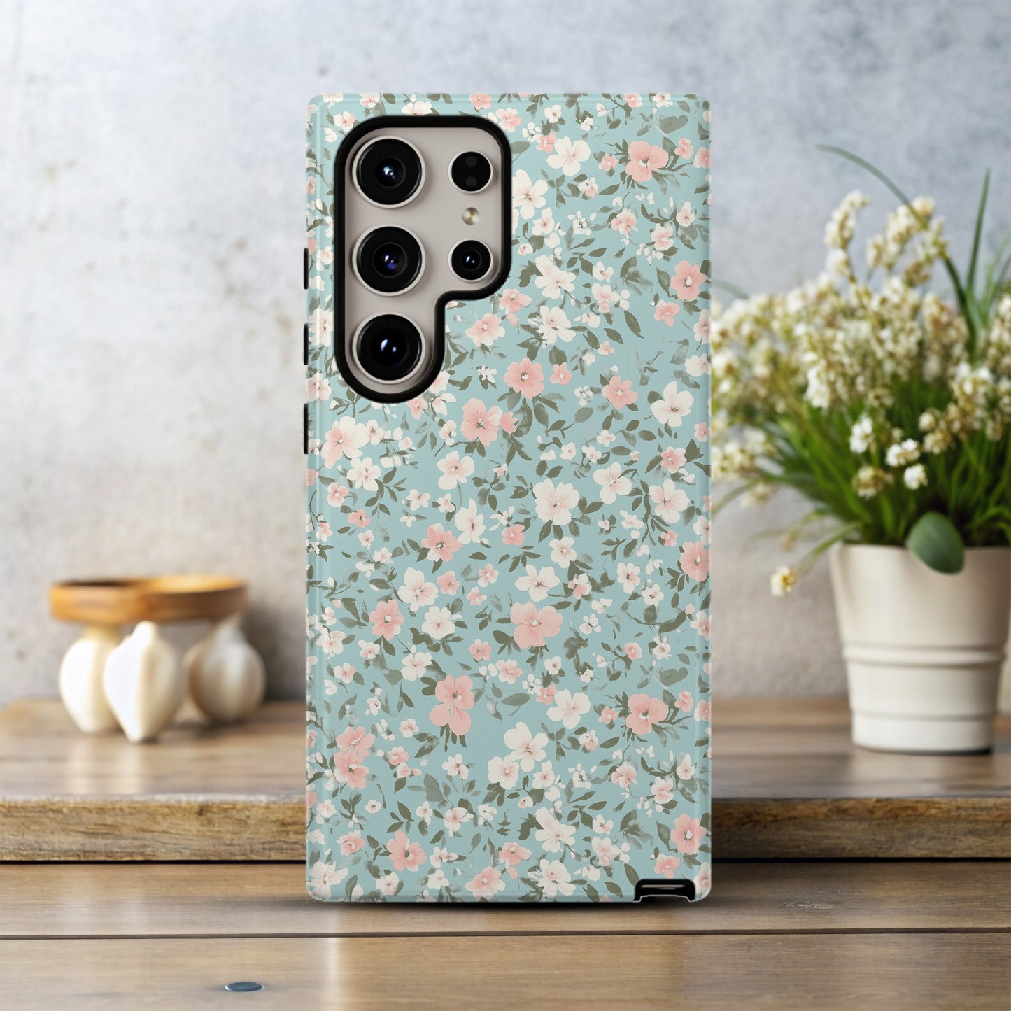 Vintage Pastel Floral Phone Case – Soft Blue Background with Pink & White Blossoms