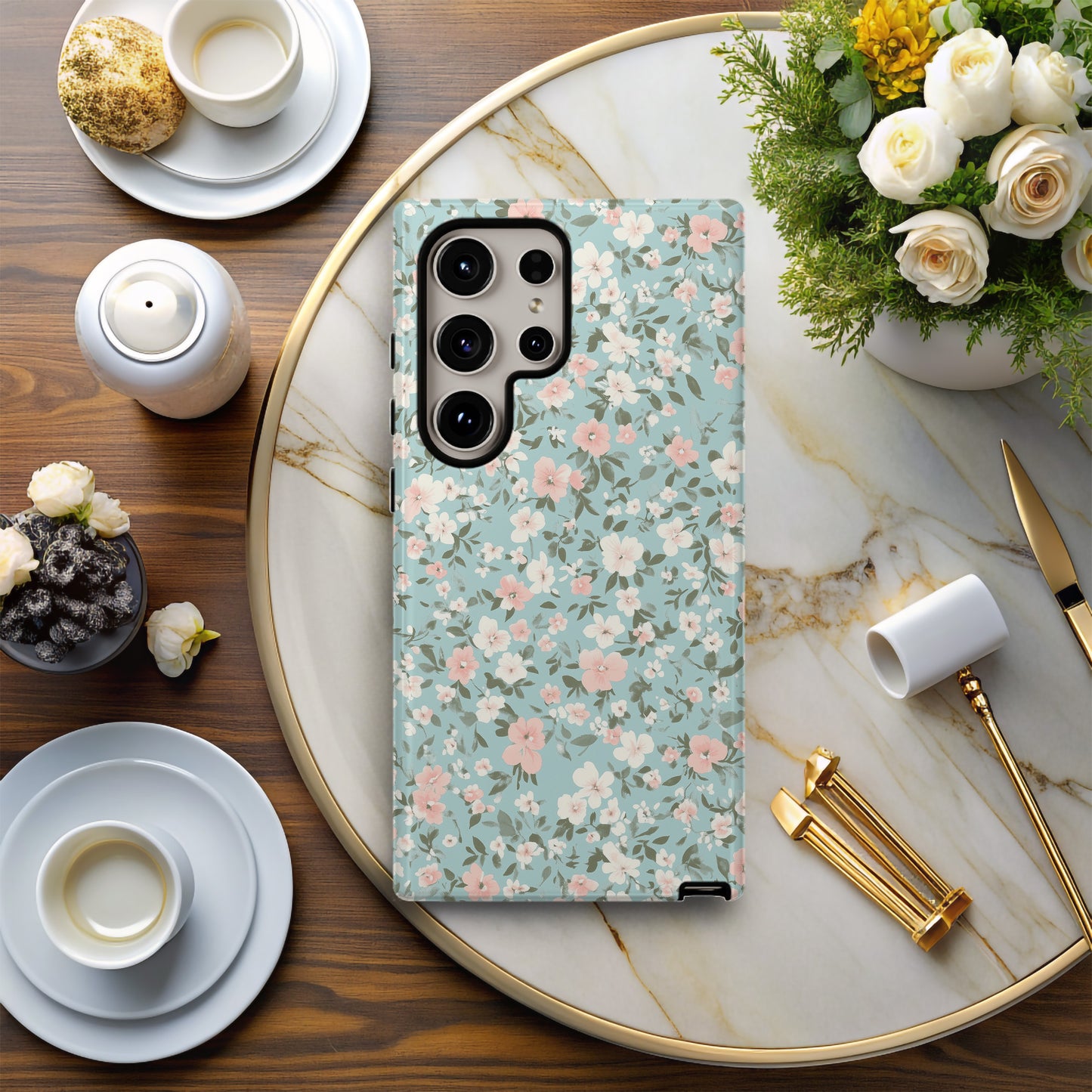 Vintage Pastel Floral Phone Case – Soft Blue Background with Pink & White Blossoms