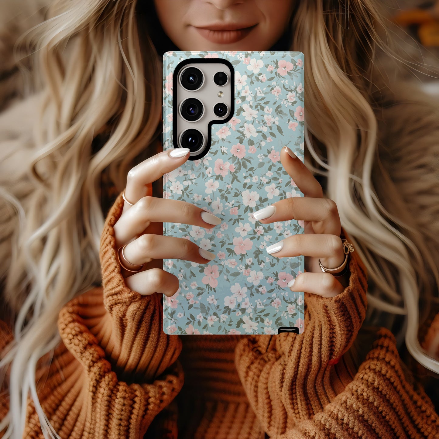 Vintage Pastel Floral Phone Case – Soft Blue Background with Pink & White Blossoms