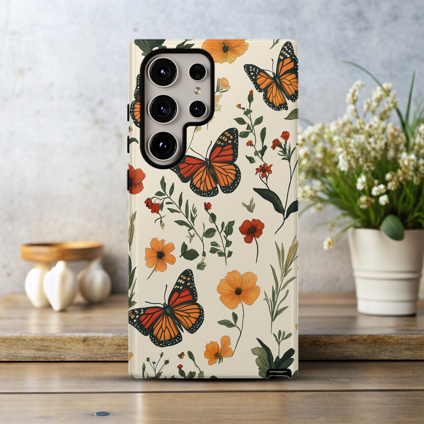 Monarch Butterfly & Wildflower Phone Case – Vintage Botanical Design