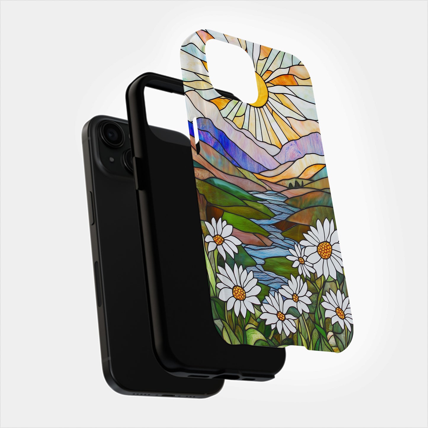 Stained Glass Sun & Daisy Phone Case – Art Nouveau Landscape Design